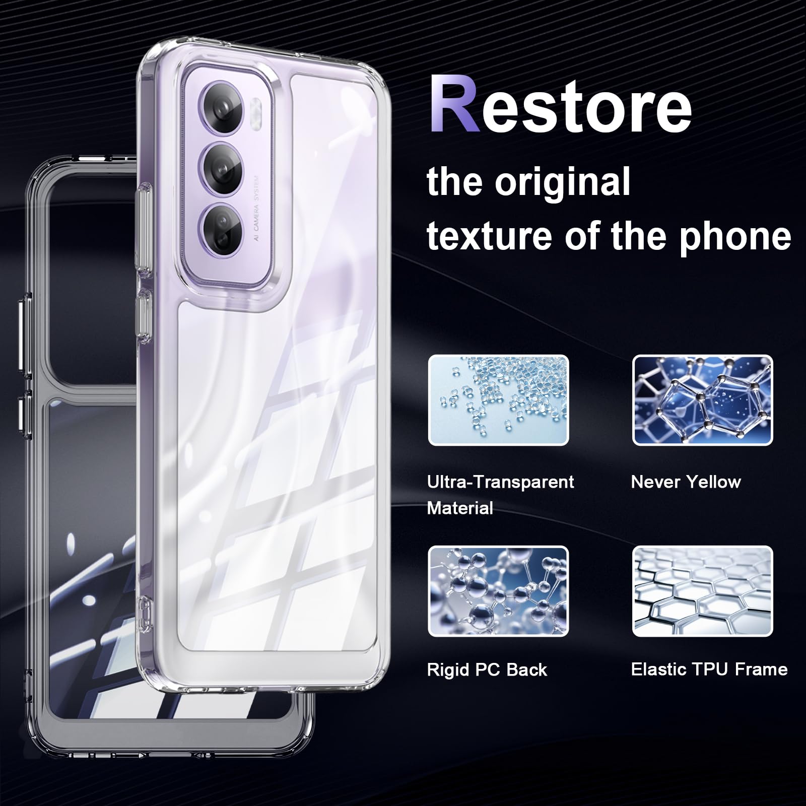 Etui na Oppo Reno 12 Pro 5G, Militarna Ochrona Przed Upadkiem, Odporne na Żółknięcie, Ultracienkie Przezroczyste Etui z Twardego PC Antyzarysowaniowe, Antywstrząsowe