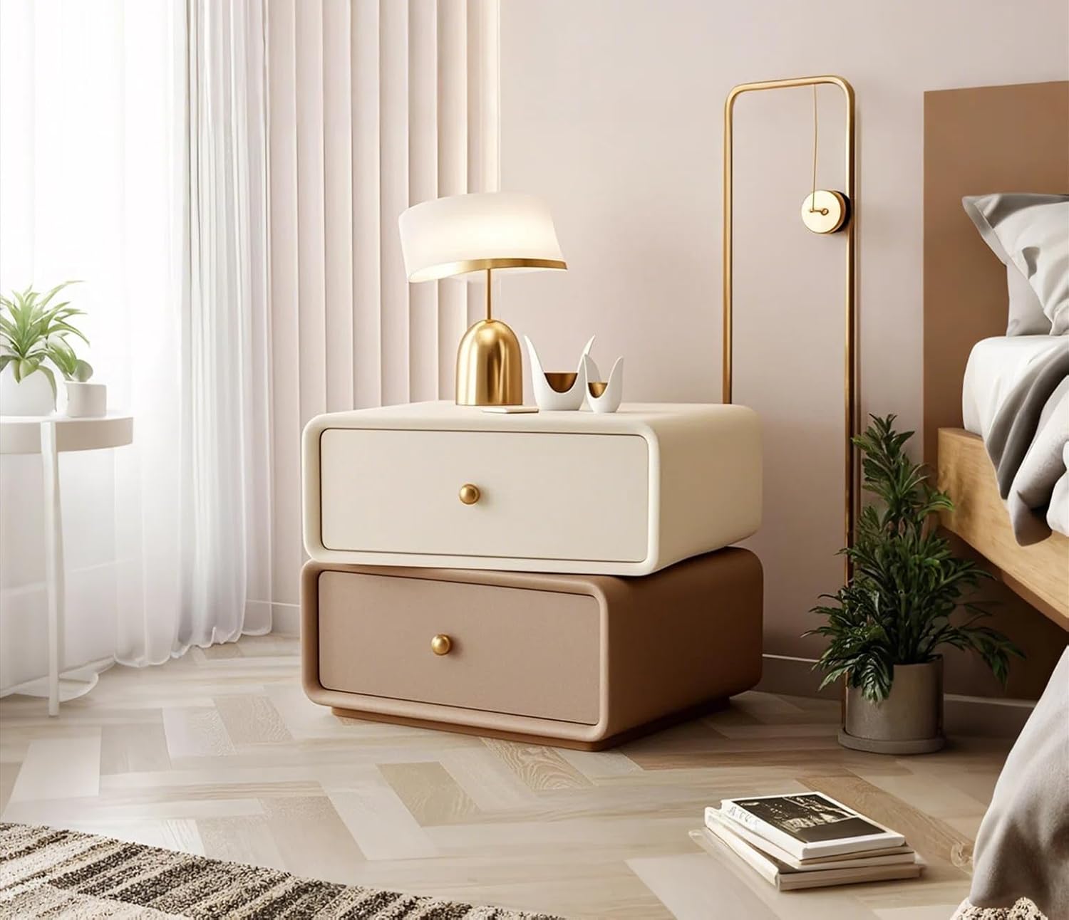 360° Rotating Nightstand – Handcrafted Solid Wood & Leather Bedside Table with Dual Storage Drawers for Modern Home Decor (White-Brown)