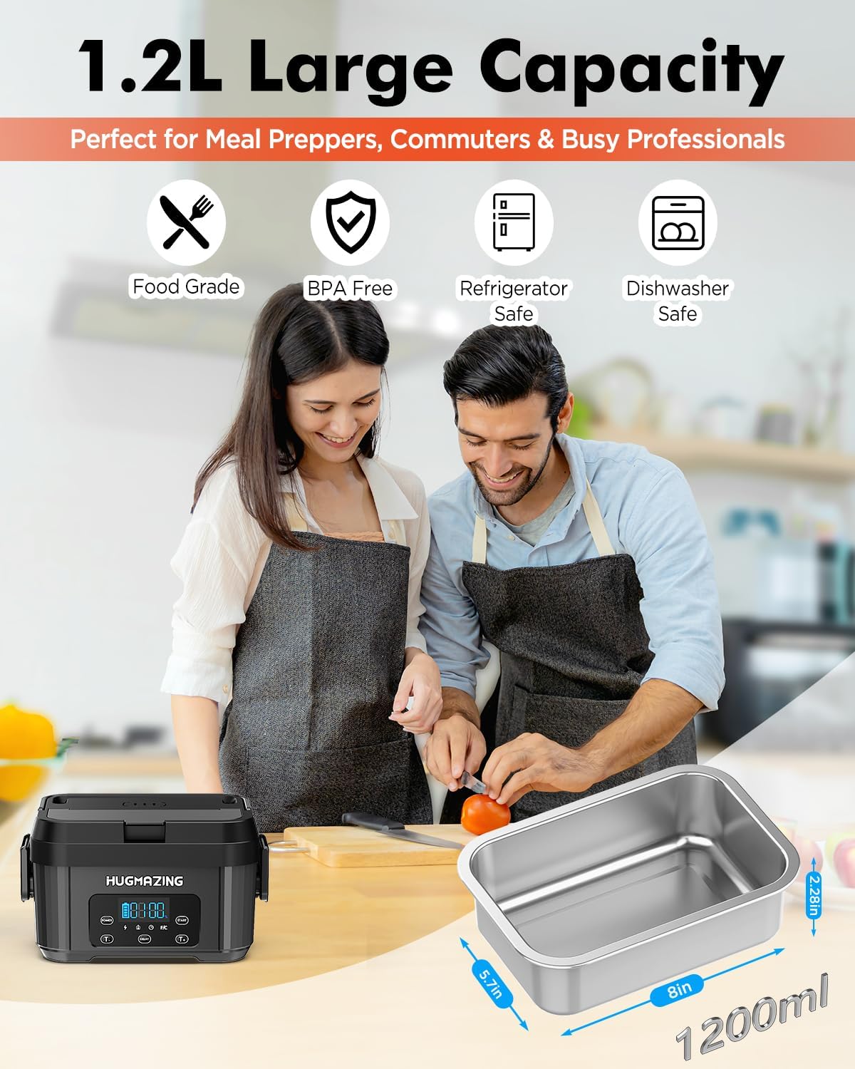 Cordless Electric Lunch Box for Adults, Men & Women – Rechargeable Self-Heating Food Warmer with 1.2L SS Container, Battery-Powered Heated Lunch Box, Perfect for Work and Travel Use (Grey) - Image 2