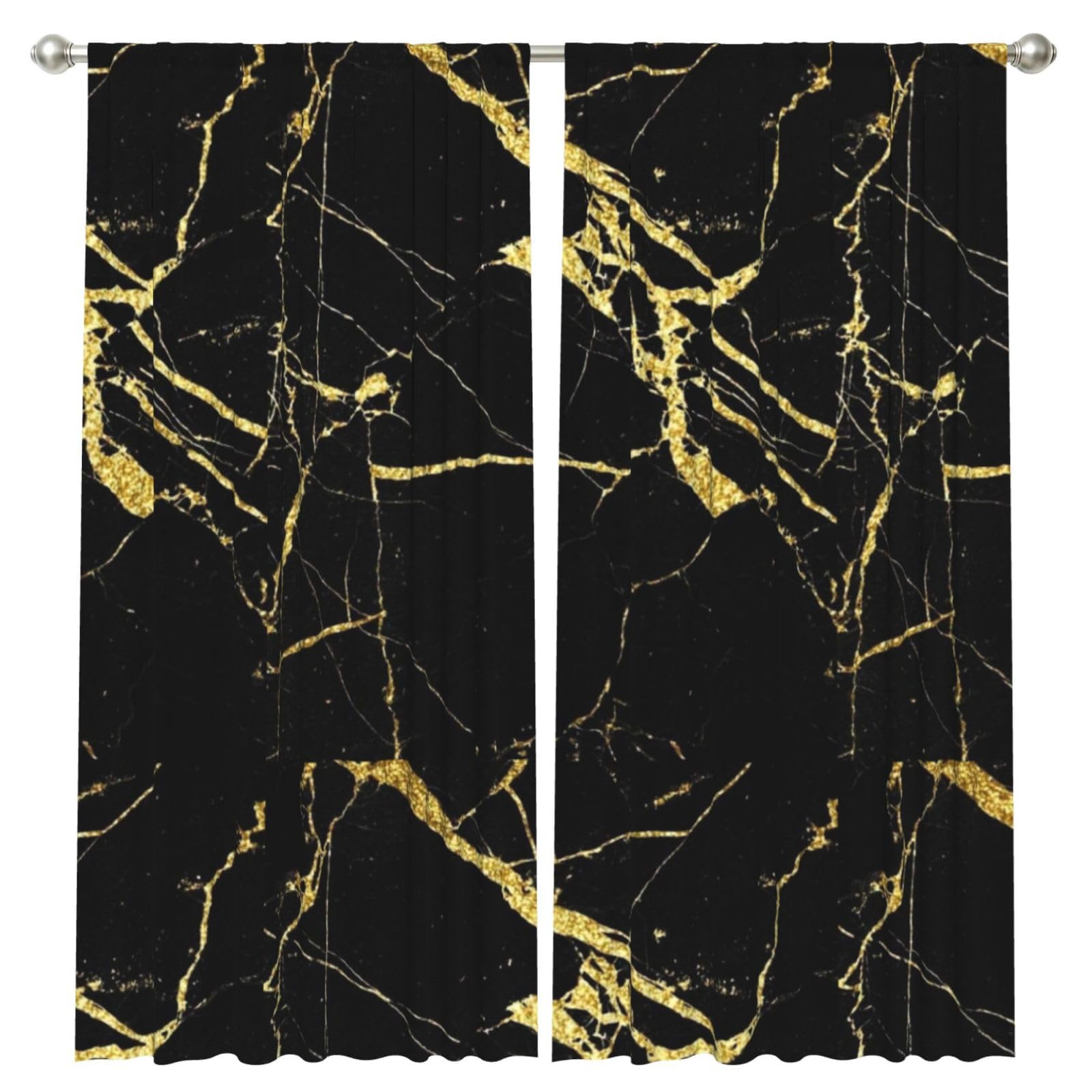 InOmak Gold Black Wallpaper Printed, 2 Panels Window Curtains 52 x 84 Inch Blackout Curtains for Living Room Bedroom