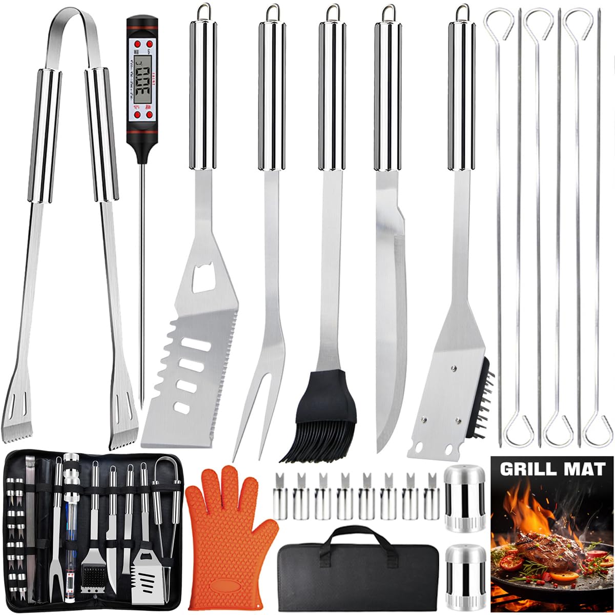 28Pcs BBQ Accessories Tools Set with Case, Stainless Steel BBQ Utensil Set Practical Cooking Utensils, Men BBQ Gifts Set for Various Barbecue Grills, Outdoor Camping, Picnic, Family Gatherings