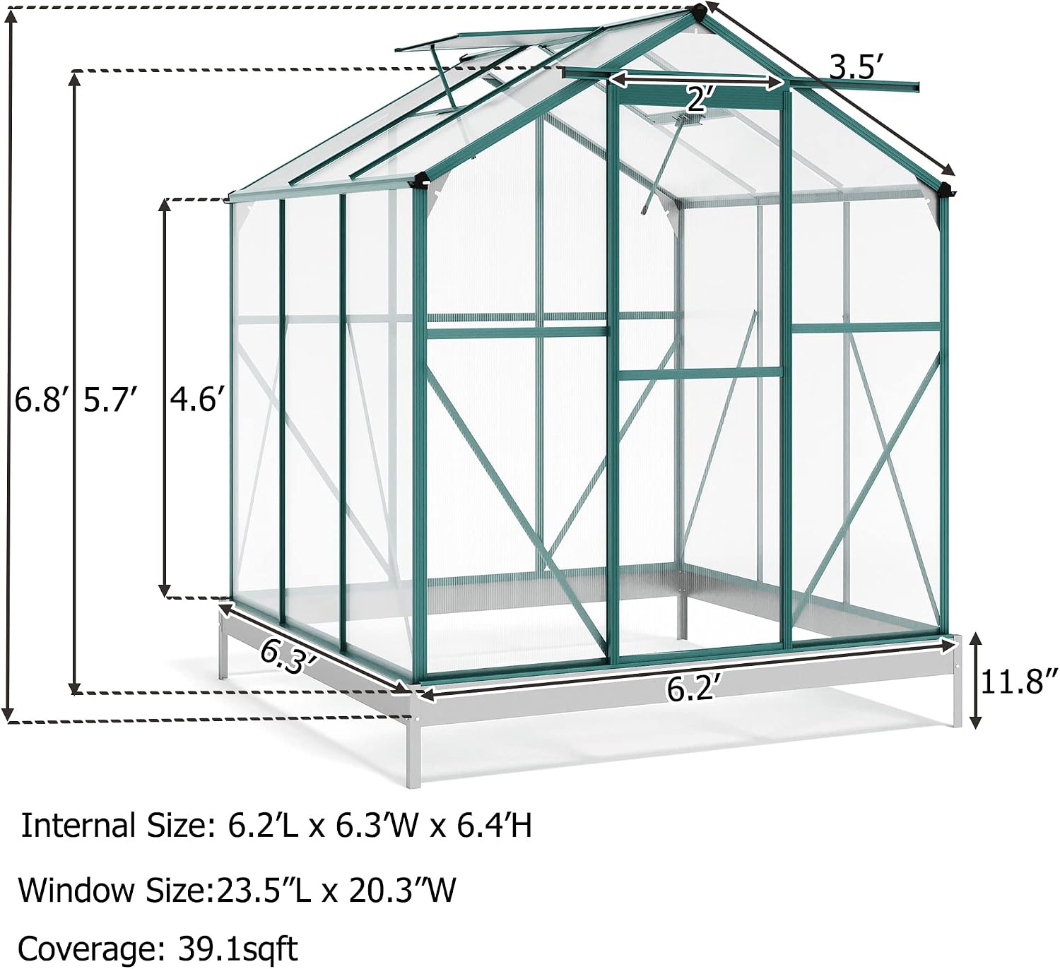 6.2'x6.3'Aluminum Greenhouse Kit for Outdoor,Walk-in Polycarbonate Greenhouse with 2 Windows and Base for Garden, Backyard, Green