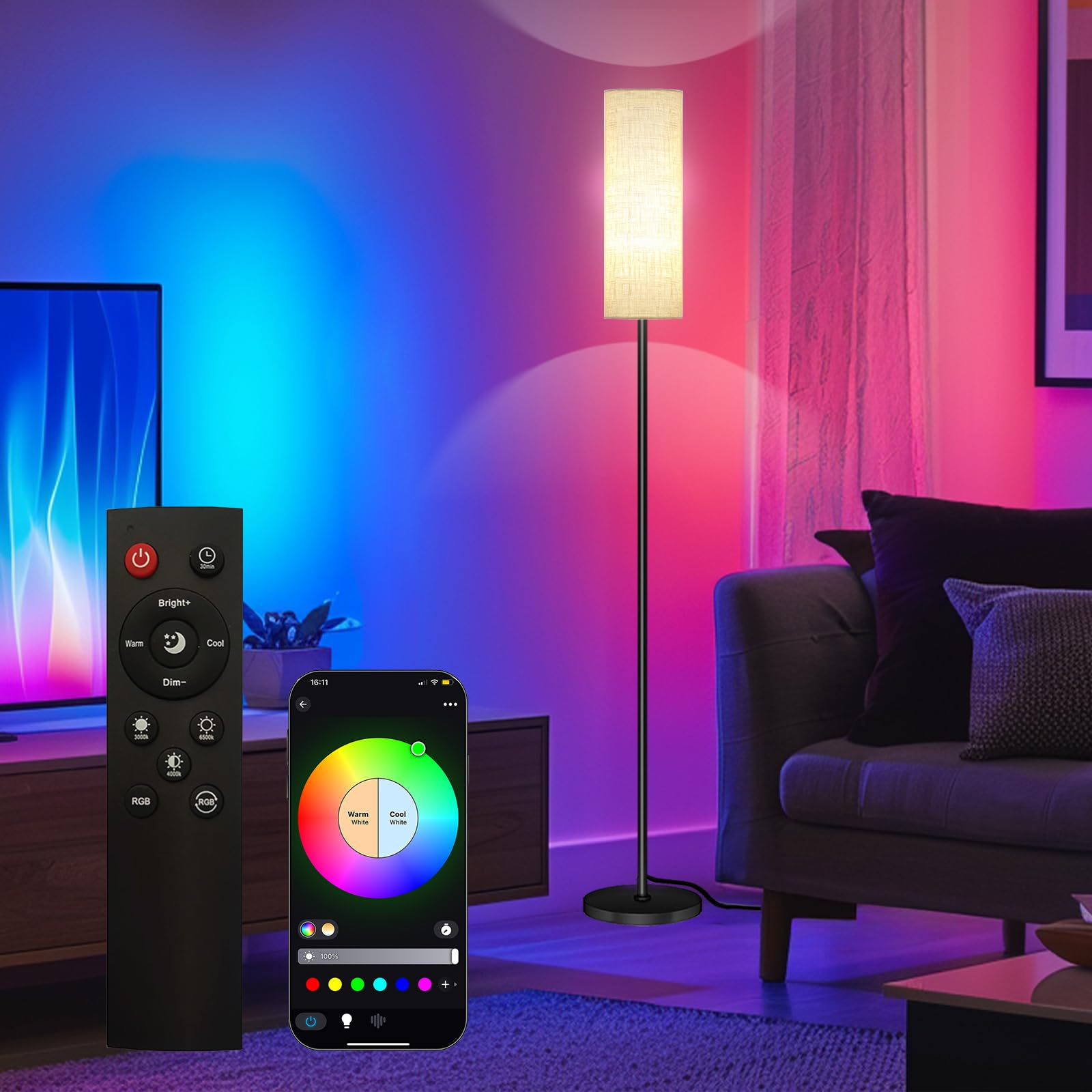 Smart LED Floor Lamp with APP Control & RGB Colors - Dimmable Standing Lamp for Living Room, Bedroom, Gaming - Remote, Timer, 9W Bulb Included, 67" Modern Tall Lamp (C:Black Beige)