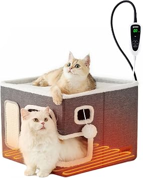 ZOMISIA Heated Cat House for Indoor Cats - Cat Warming Bed for Winter with Fluffy Ball Hanging and Adjustable Heating Pad, Foldable Cat Hideaway,16.5x16.5x13 inches, Grey