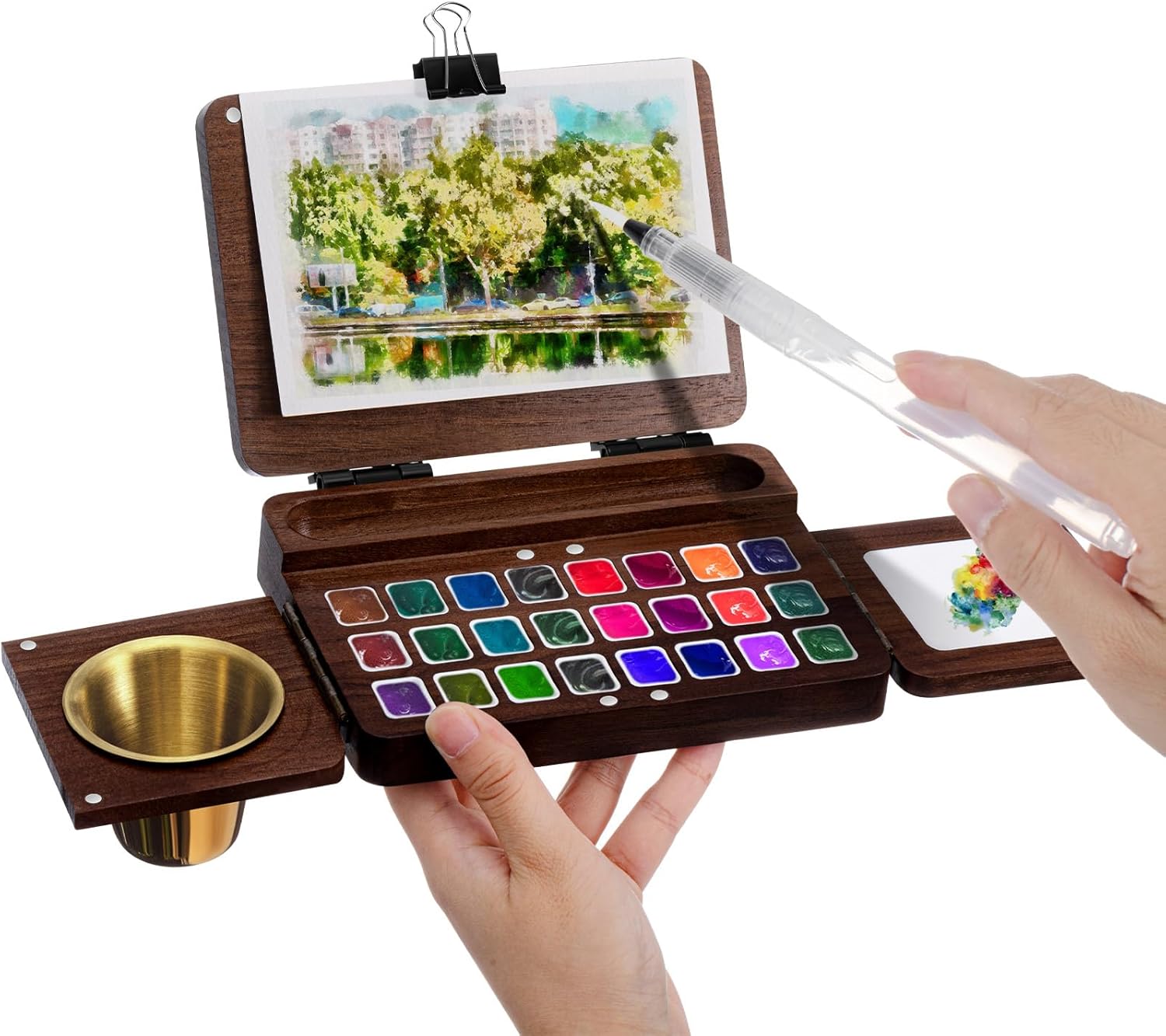 Chiisong 11-Piece Portable Watercolor Palette Set – Foldable Walnut Box with 24 Grids, 6 Travel Watercolor Brushes, 4 Binder Clips, and Drawing Board – Compact Easel Palette for Travel