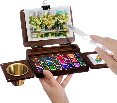 Chiisong 11-Piece Portable Watercolor Palette Set Foldable Walnut Box with 24 Grids, 6 Travel Watercolor Brushes, 4 Binder Clips, and Drawing Board Compact Easel Palette for Travel