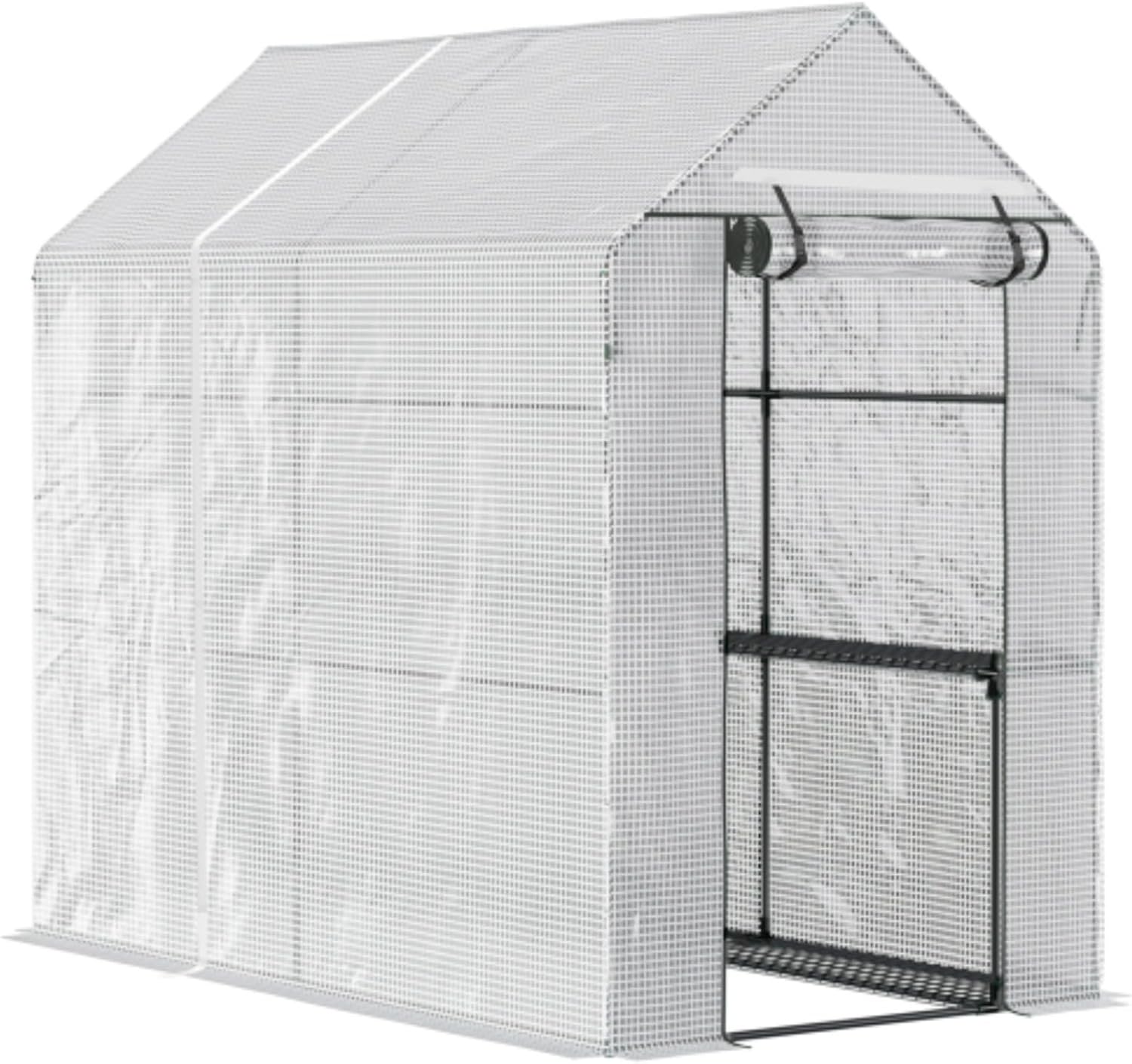 47.25" X 73.25" X 74.25" Walk-in Greenhouse, Outdoor Portable Plant and Flower Planting Greenhouse, Gardening Greenhouse, Planting Shed, with Roll-up Door and 4 Shelves, White