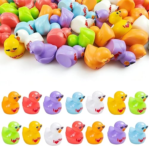 Frehapkids 70PCS Valentine Mini Resin Ducks 7 Colors, Tiny Colorful Resin Valentines Ducks with Heart, Miniature Small Plastic Animal Figures for Micro Landscape DIY Party Favor Gift Box Decorations
