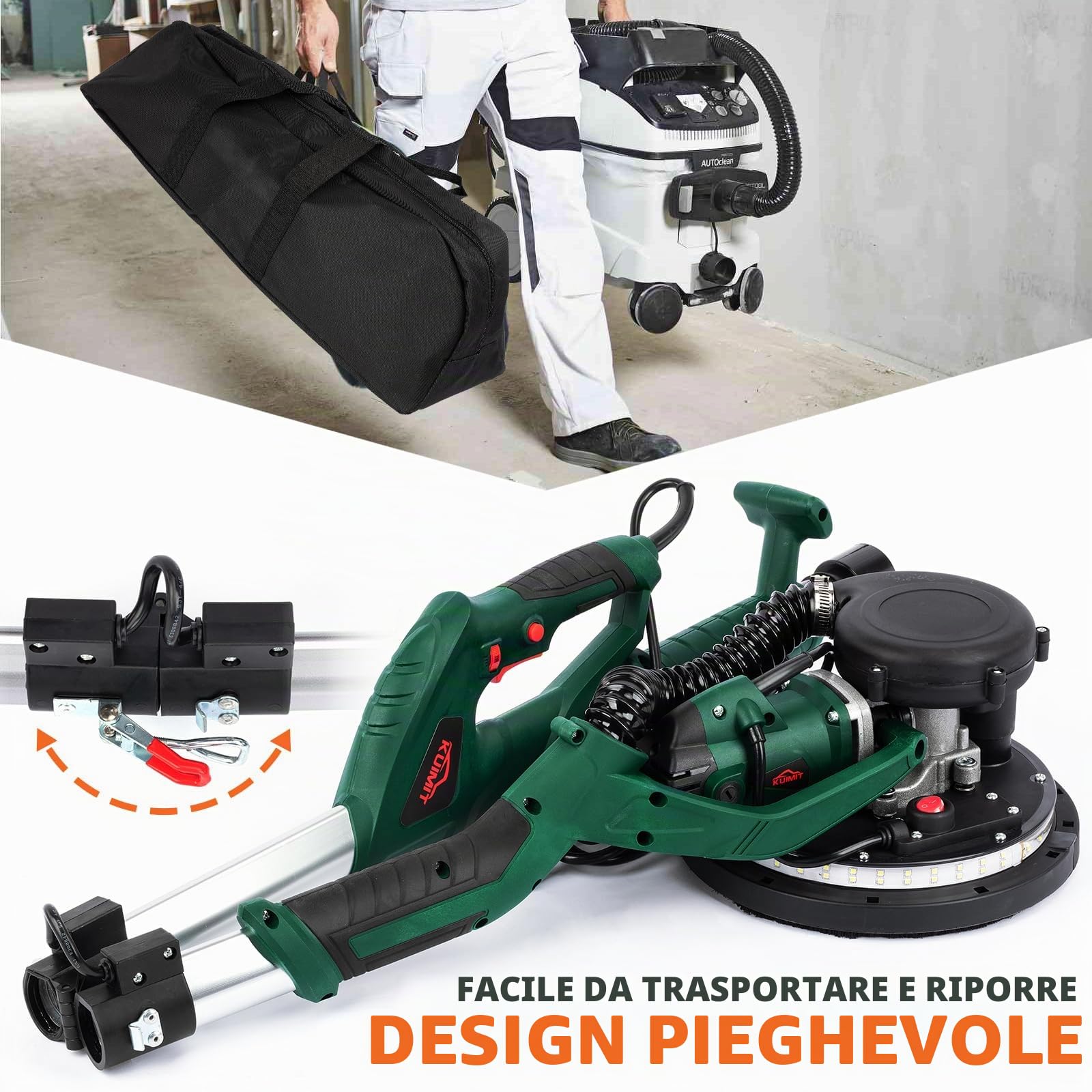 Levigatrice per Cartongesso, 850W Levigatrice per Muro Elettrica con 12 Dischi Abrasivi, 6 Velocità Variabile 800-1750 RPM, con Impugnatura Estensibile, luce LED, Tubo per la Polvere Lungo