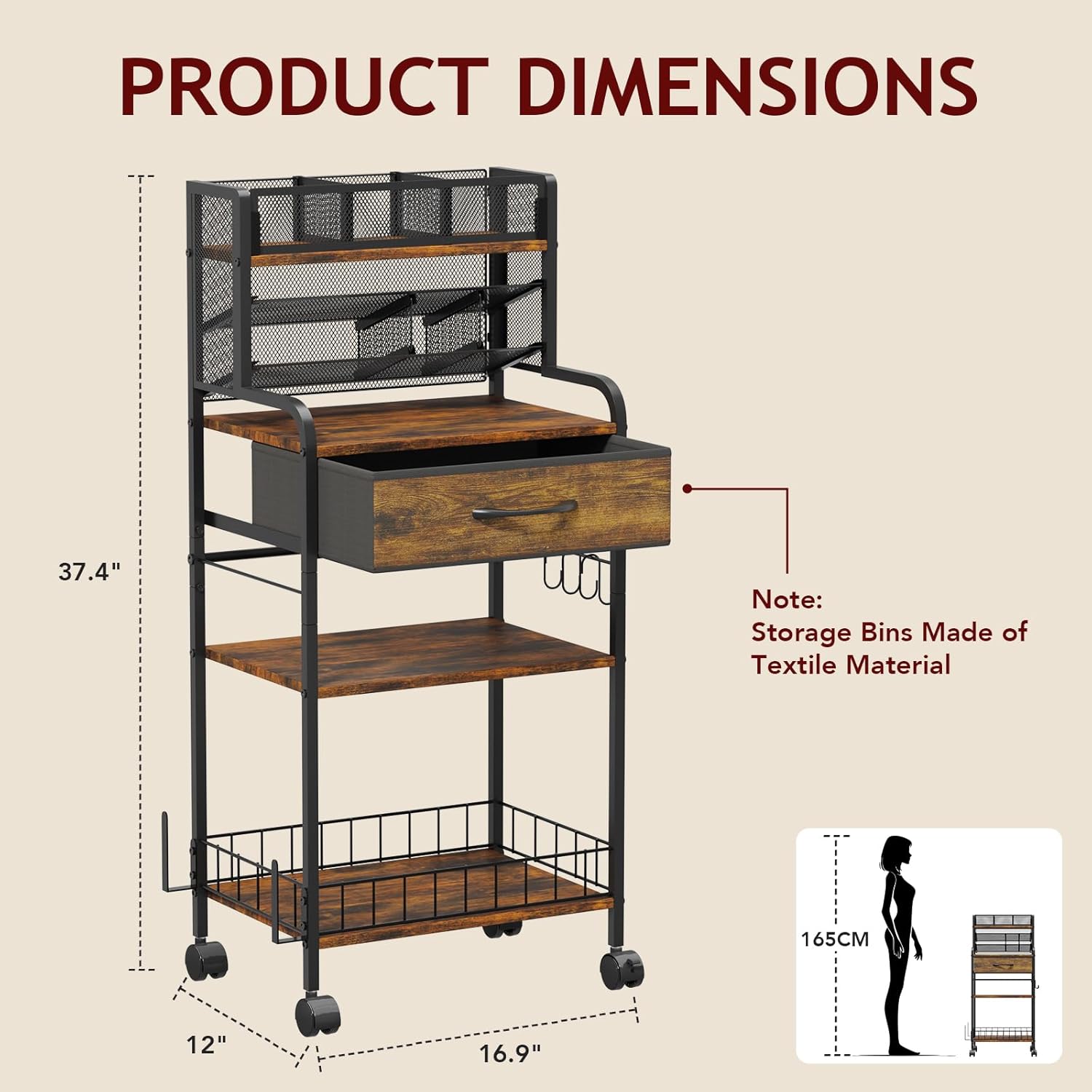 Art cart, 3 Tier Rolling Cart - Utility Cart with Storage Drawer and Wheels, Versatile Art & Craft Organizer for Home, Office, or Studio Ideal for Storing Brushes, Paints （Brown） - Image 3