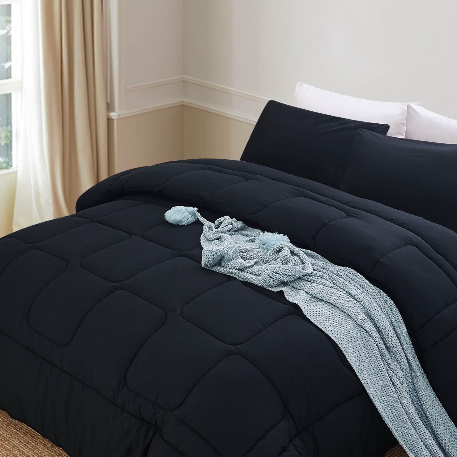 Airensky Queen Comforter Set (90x90 inches), Solid Color All Seasons Bedding Comforters 3 Pcs Bedding Sets with 1 Soft & Lightweight Microfiber Down Alternative Duvet Insert and 2 Pillowcases, Black