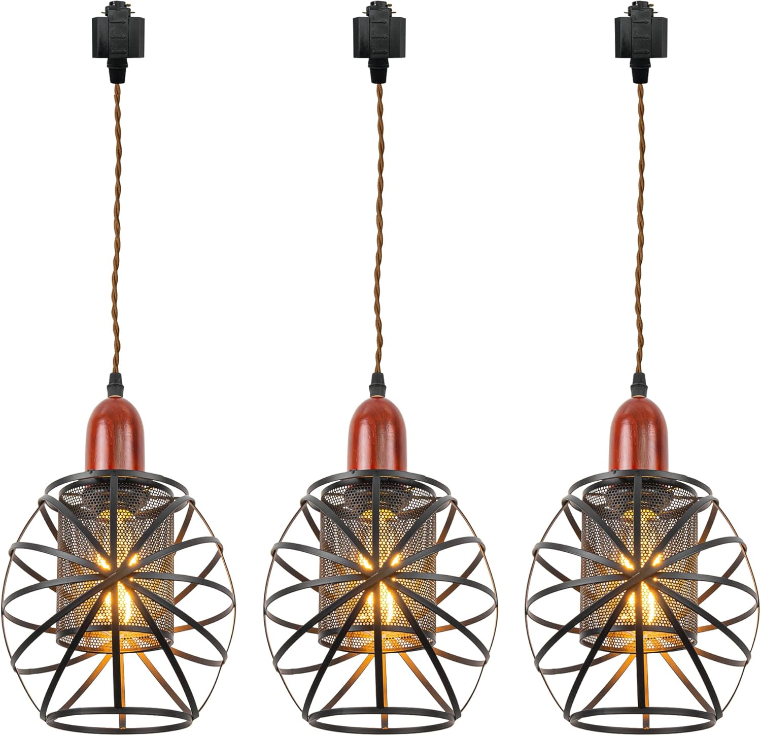 H-Type Track Lighting Pendant Restaurant Retro Vintage Stytle Double Lampshades Track Lights Wood Socket, Halo Track Mounted Customizable for Kitchen Island Dining Table, 3 Lights TB3124