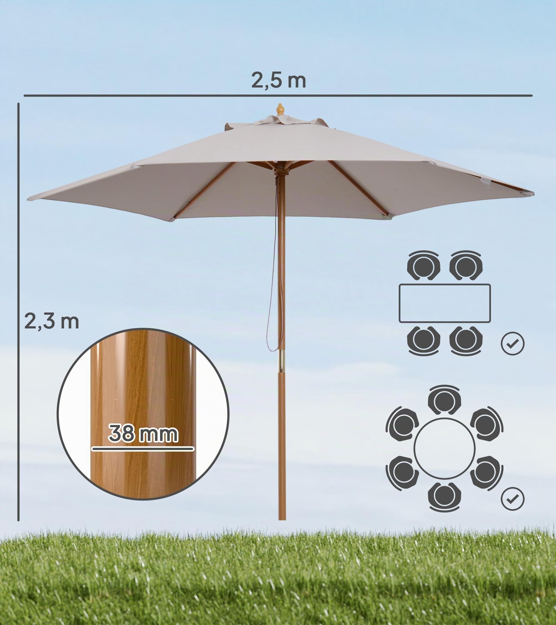 Outsunny Sombrilla de Jardín Ø250x230 cm Parasol de Terraza Gris | 6 Varillas, Poste Desmontable, Anti-UV, Impermeable, Marco de Madera, para Playa, Patio