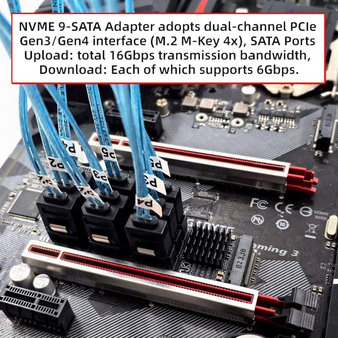 chenyang Adaptador de 9 puertos M.2 a SATA 3.0, PCIe 3.0 a SATA III, adaptador de tarjeta de expansión de 6 Gbps con indicador inteligente