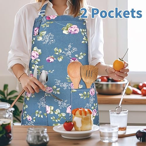 Miniatura 4 de Delantal para mujer con bolsillos, 3 delantales de lona con estampado floral con correa ajustable para el cuello para cocinar, hornear, jardinería,