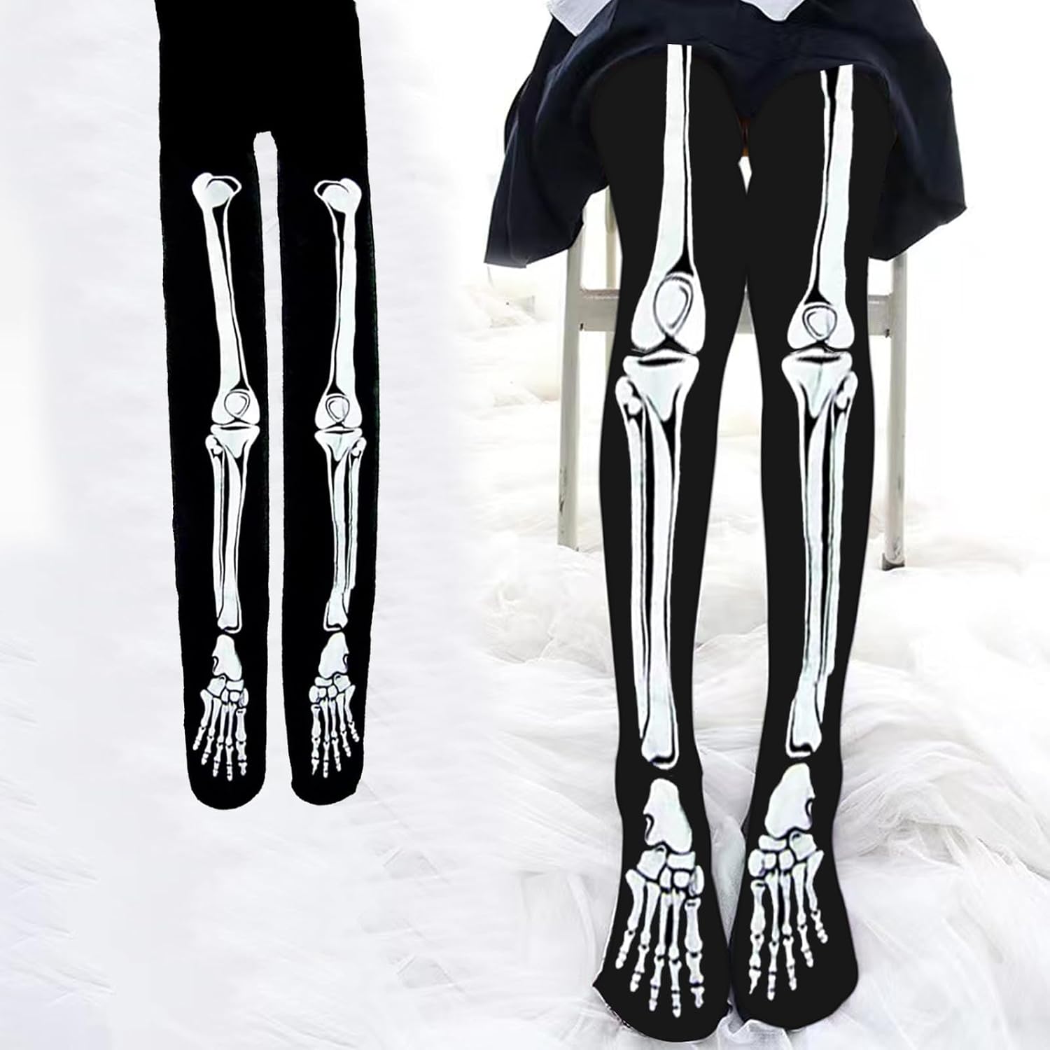 Skeleton Tights Zombie Legging with Feet, Black Halloween Skeleton Costume Skull Stocking Day of The Dead Scar Socks (US, Alpha, Large, Regular, Regular, BLACK)