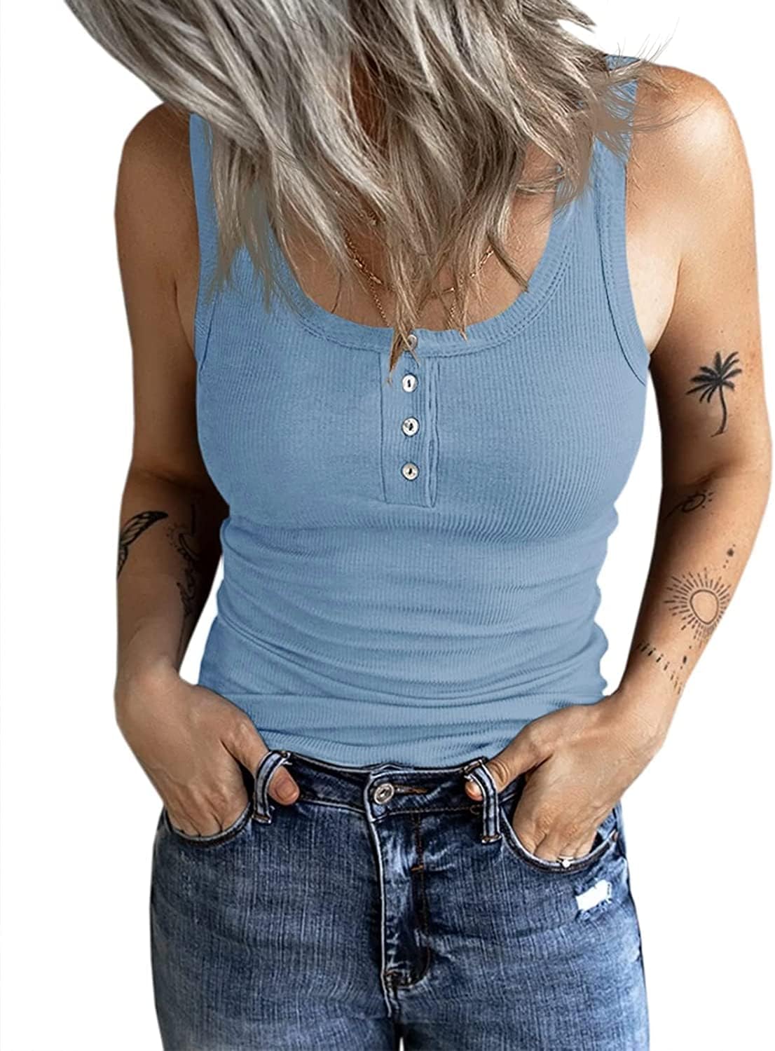Fessceruna Damen Tops Sexy U-Ausschnitt Tank top Ärmellos Sommer Oberteile Gerippt Camisole mit Knöpfen