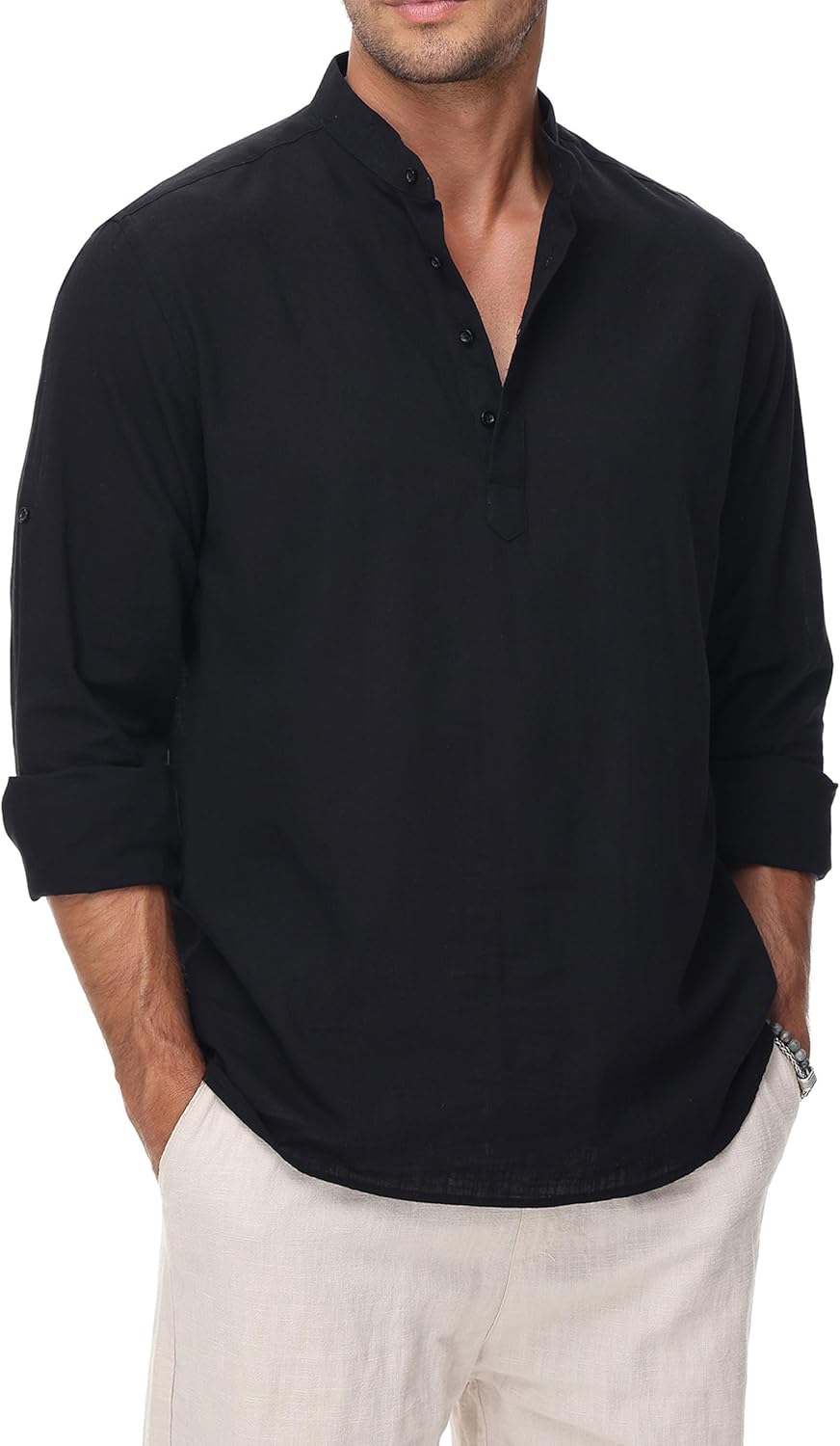 VANCOOG Cotton Linen Shirts for Men Lightweight Casual Long Sleeve Henley Beach Hawaiian Tops