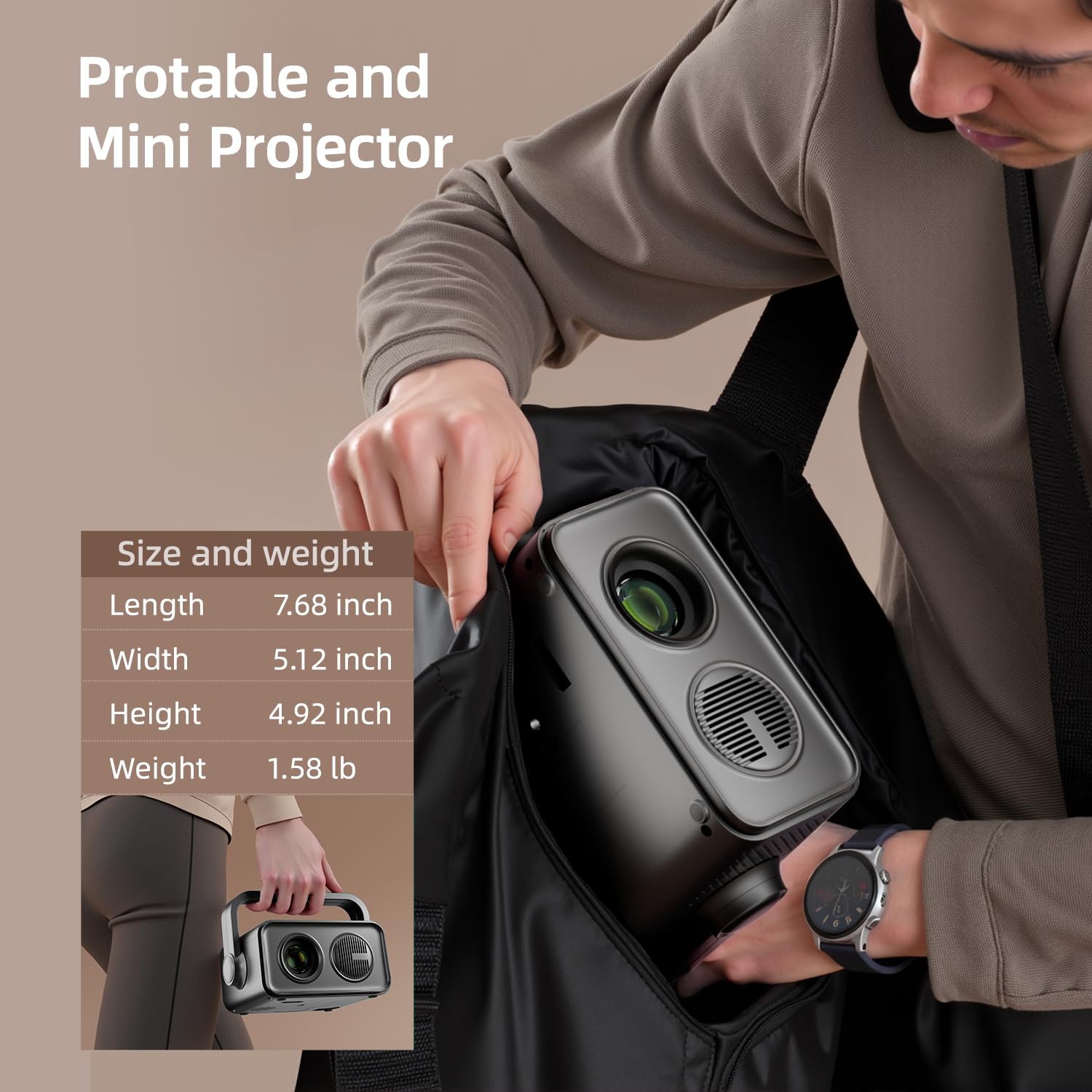 BKZ 2025 Mise à jour 360° Réglable Double Support AI Auto Keystone Electric Focus Mini Projecteur Portable avec Bluetooth 5.4, Support 1080P Projecteur de Film en Plein Air Dernière Intervention