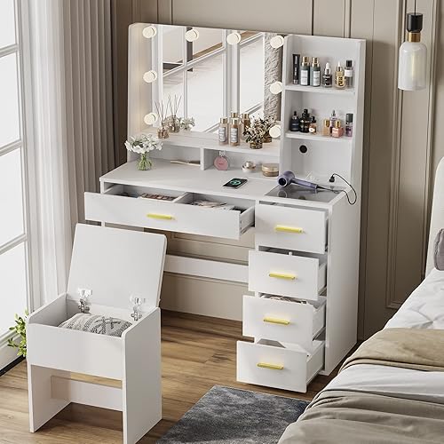 Miniatura 4 de AOGLLATI Juego de tocador de maquillaje con luces, escritorio de tocador con espejo y luces, mesa de tocador blanca con taburete acolchado,