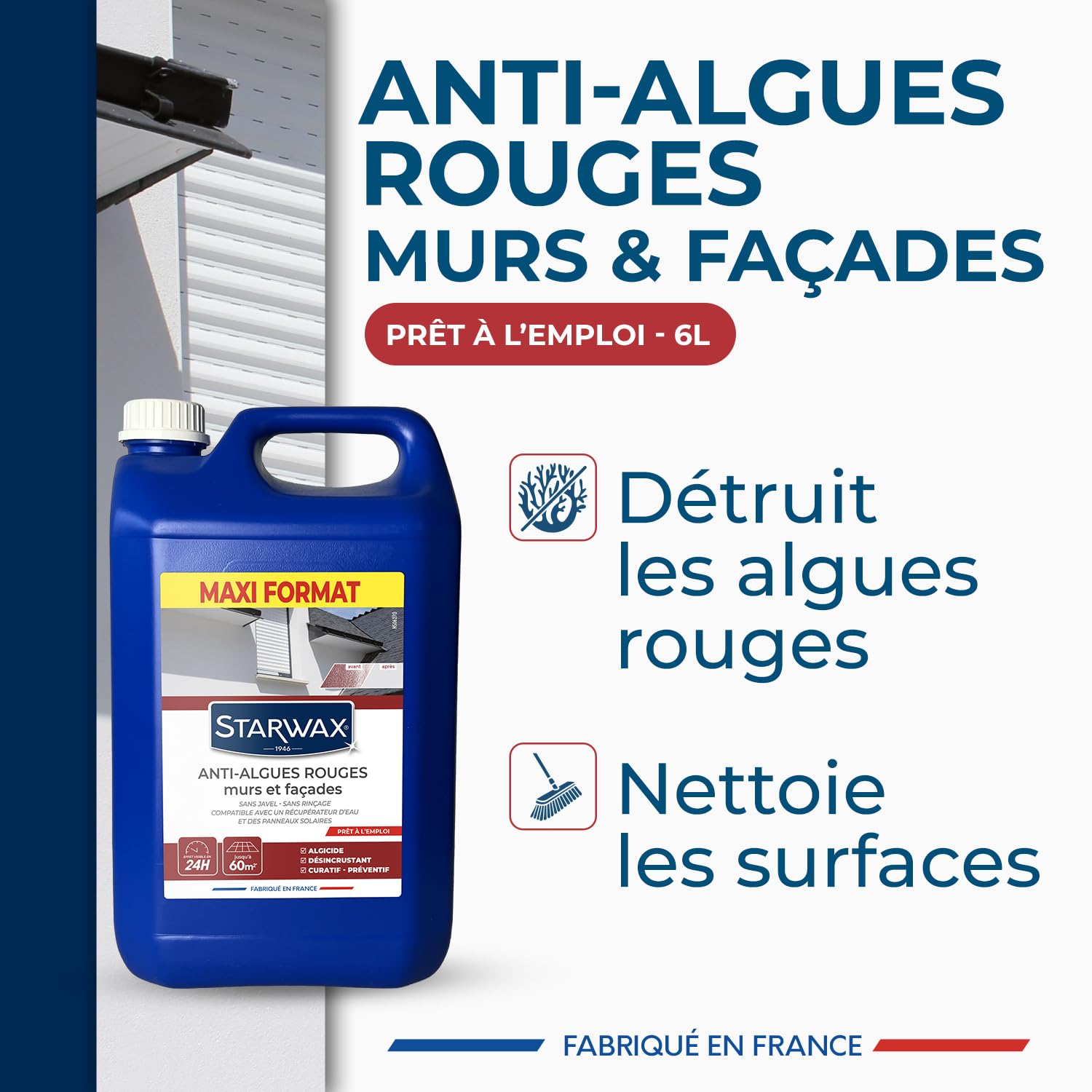 STARWAX Traitement anti-algues rouges prêt à l'emploi pour murs et façades 6L, élimine les dépôts biologiques en profondeur, action dès 24h même sous la pluie, sans javel et sans rinçage, ne tache pas