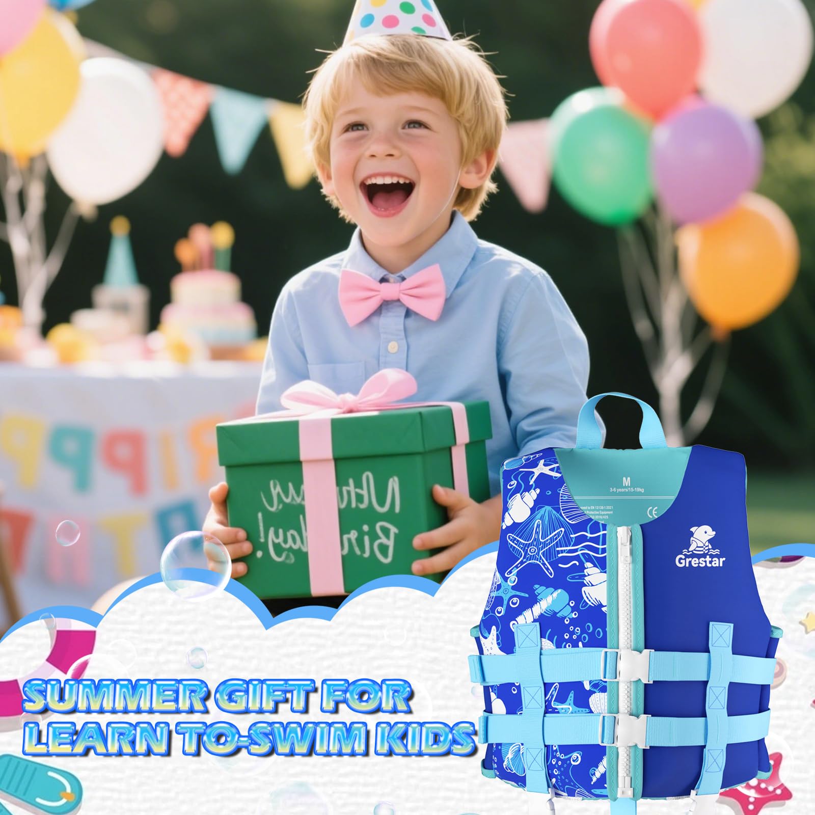 Chaleco Flotador Infantil con Correa Ajustable, Grestar Chaleco Piscina Bebe, Chaleco de Natación de Neopreno para Niños y Niñas de 2 a 9 Años / 15-35 kg