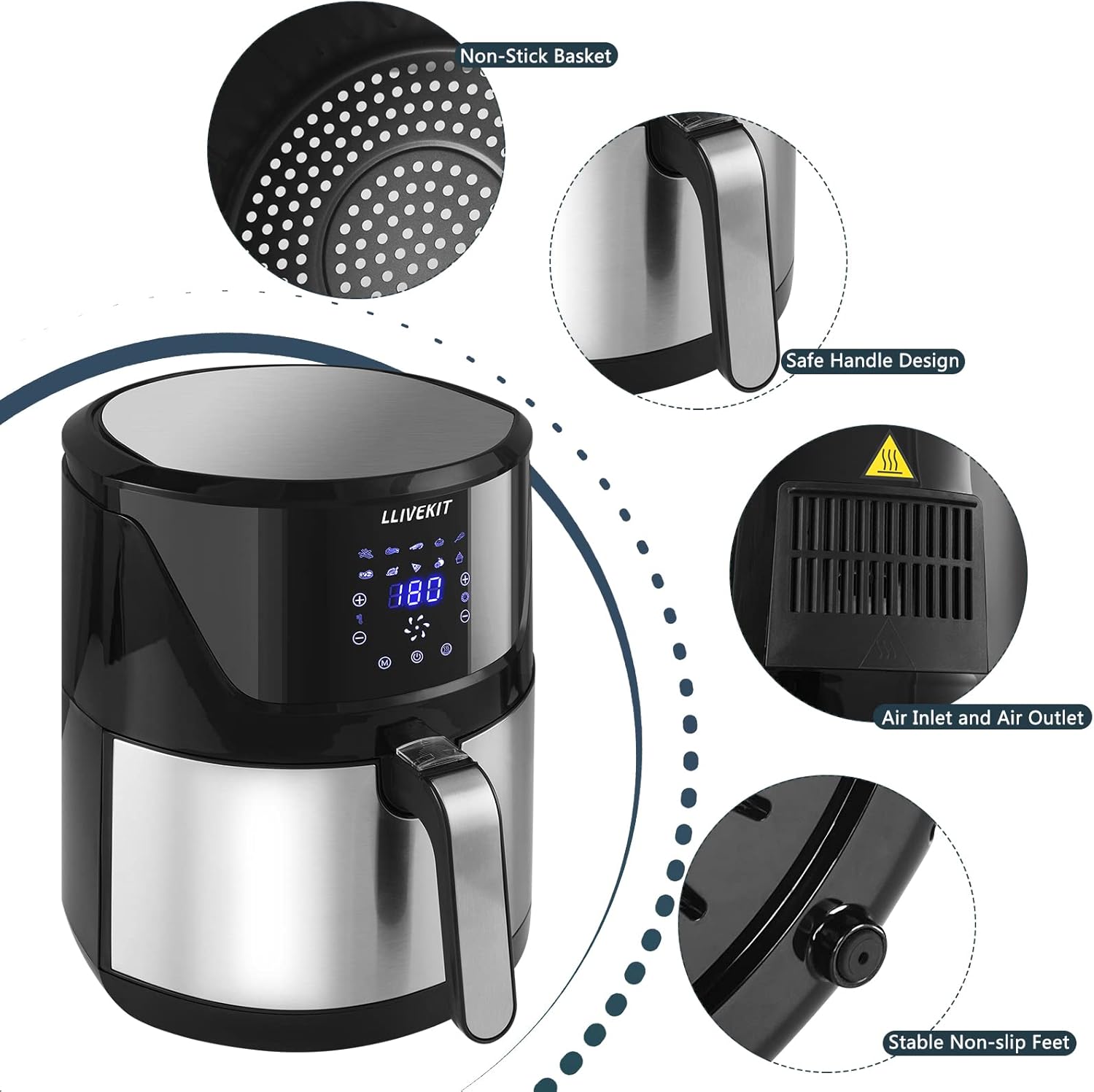 Diagram showing air fryer components: non-stick basket, safe handle, air inlet/outlet, non-slip feet