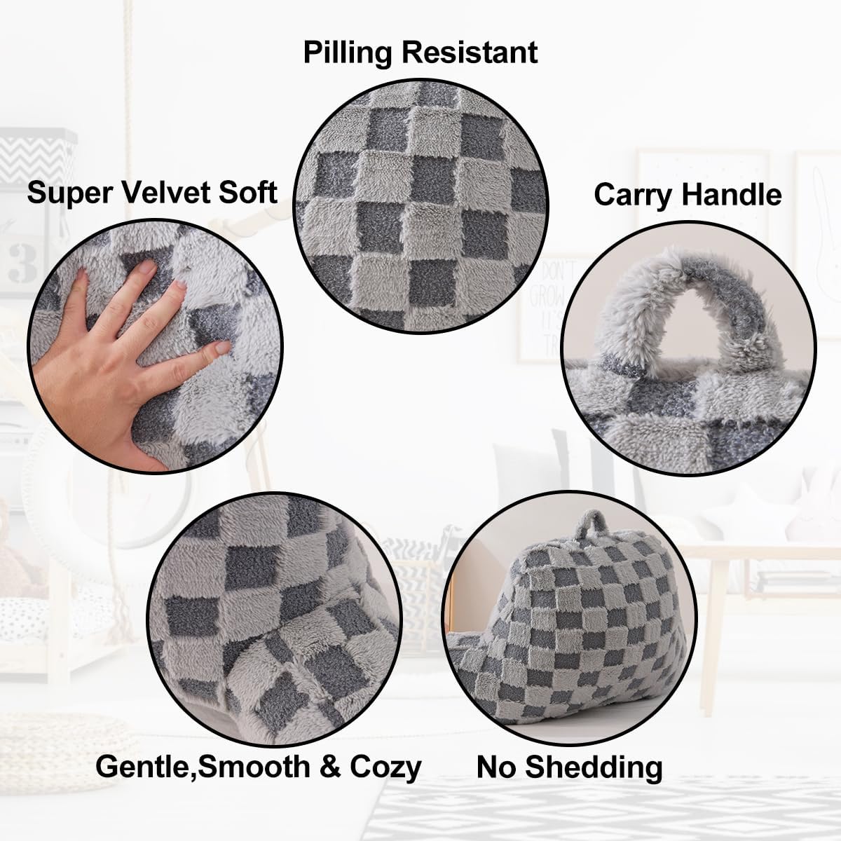 Holawakaka Checkered Reading Pillow for Bed and Sofa Couch Sitting Up, Backrest Pillows with Arms for Kids Teens Adults, Back Support Cushion for Lounging, Watching TV, Working on Laptop, Light Grey