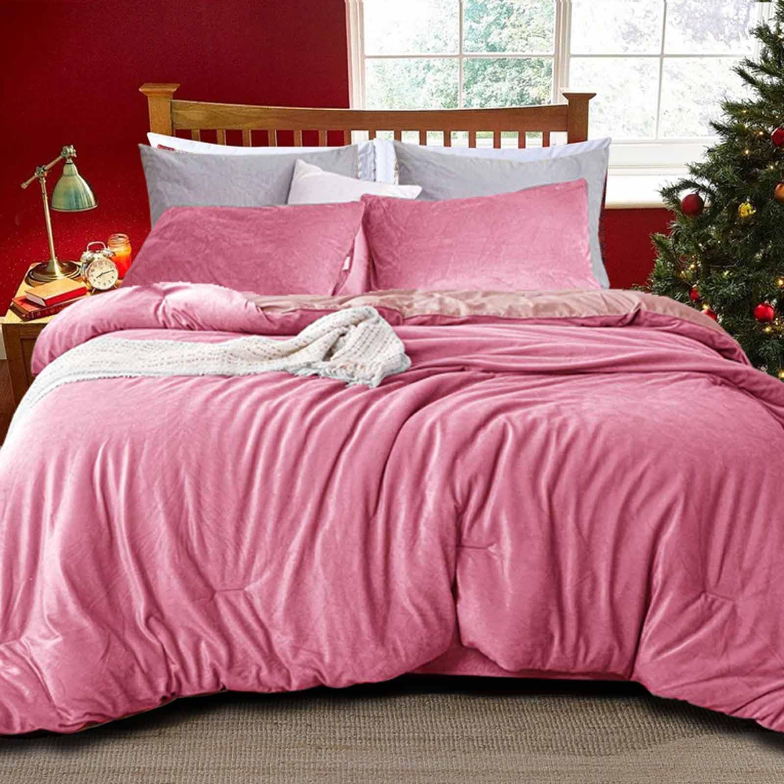 Nanko Flannel Queen Size Comforter Set, Pink Velvet Ultra-Soft Luxury Micromink Sherpa Down Alternative Bedding, All Season Duvet and Pillowcase Bed Set in a Bag for Women Girl, 88 x 90 Mauve Plush