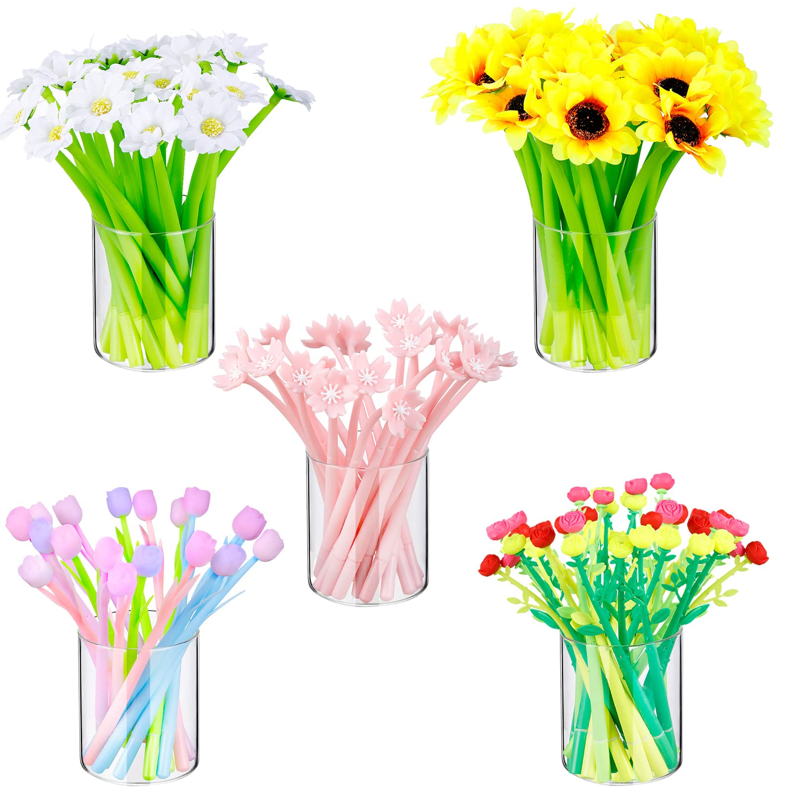 Teling 100 Pcs Flower Pens Bulk Color Changing Lily Tulip Rose Ballpoint Pens 0.5 mm Black Gel Ink Cute Cherry Blossom Sunflower for School Home Office