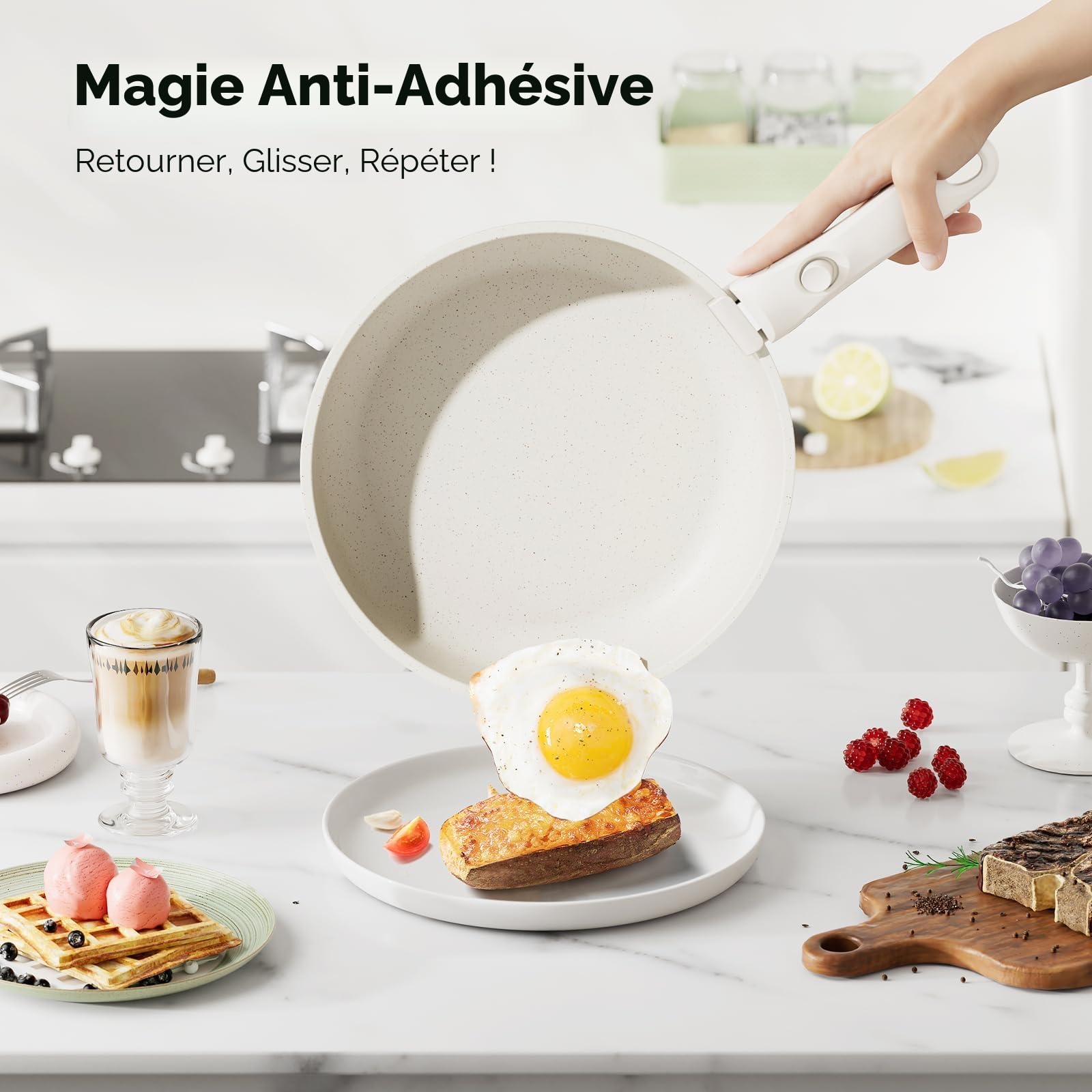 YASHE Batterie de Cuisine Induction Antiadhésive - Blanc, 20 Pièces