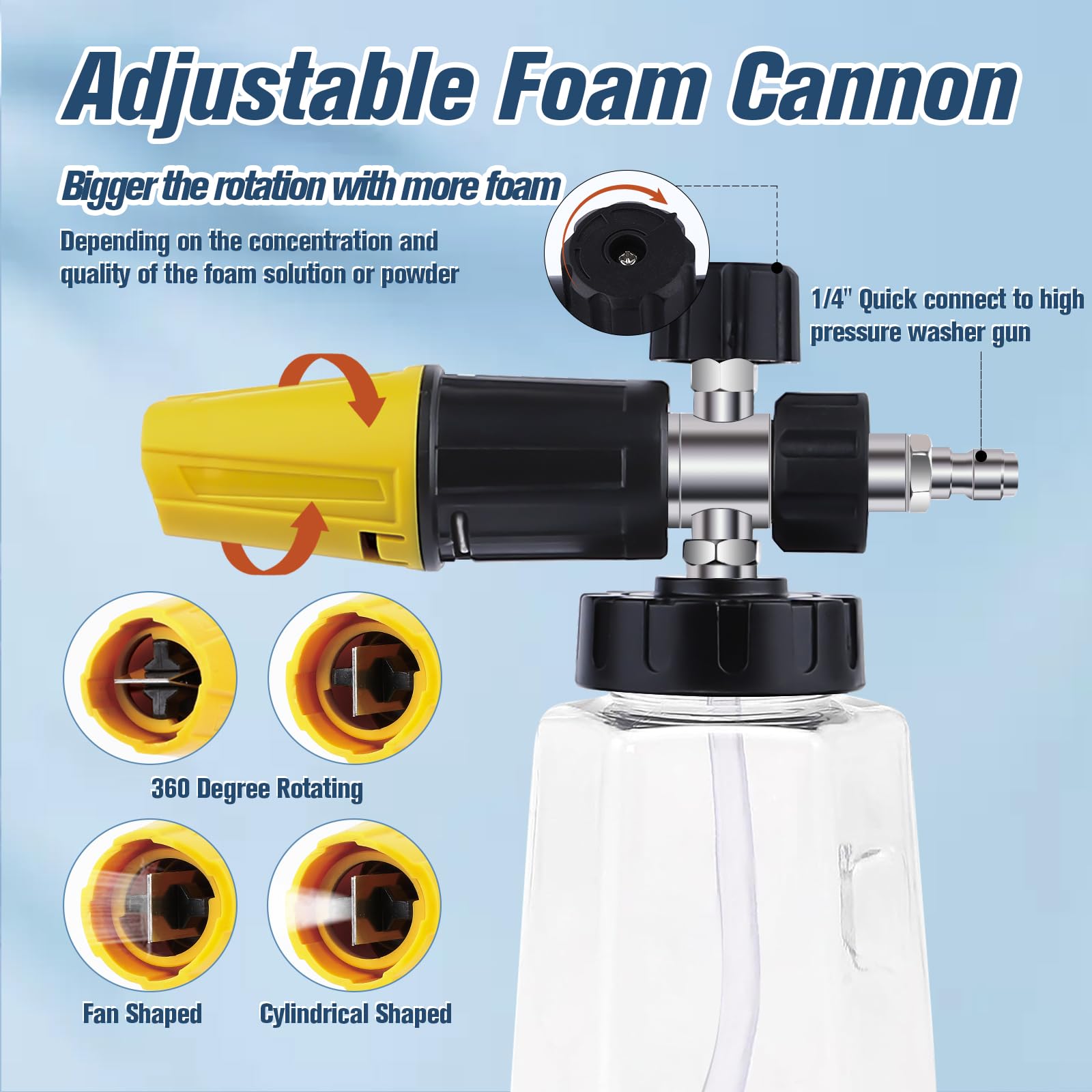 ZATOOTO Pressure Washer Foam Cannon Gun Kit with Dual-Connector Accessory, Car Wash Foam Gun With 1/4" Quick Connect 1 Pivoting Coupler and 5 Pressure Washer Nozzles Tips with Nozzle Holder