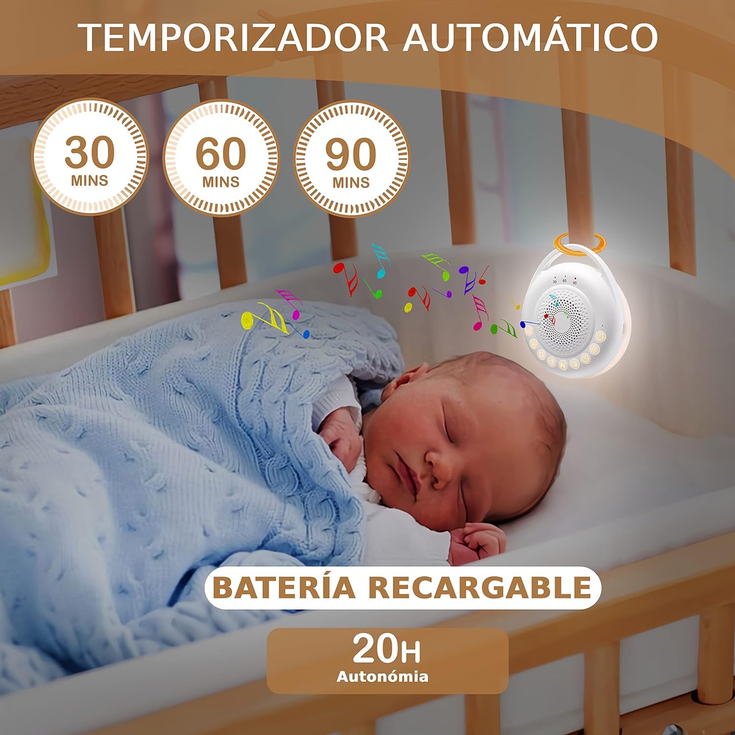 Monitor De Sueño Portátil Con Ruido Blanco - 100x100 Mm, 12h Duración, Luz Nocturna Ajustable | Para Bebés Y Viajes