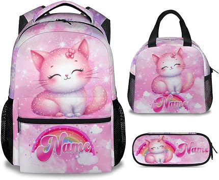 School Backpack with Lunch Box Set - Personalized Cat Backpack for Girls Cat Lovers - Kids Bookbag School Supplies for Primary - 17 Inch Custom Girls School Bag with Name