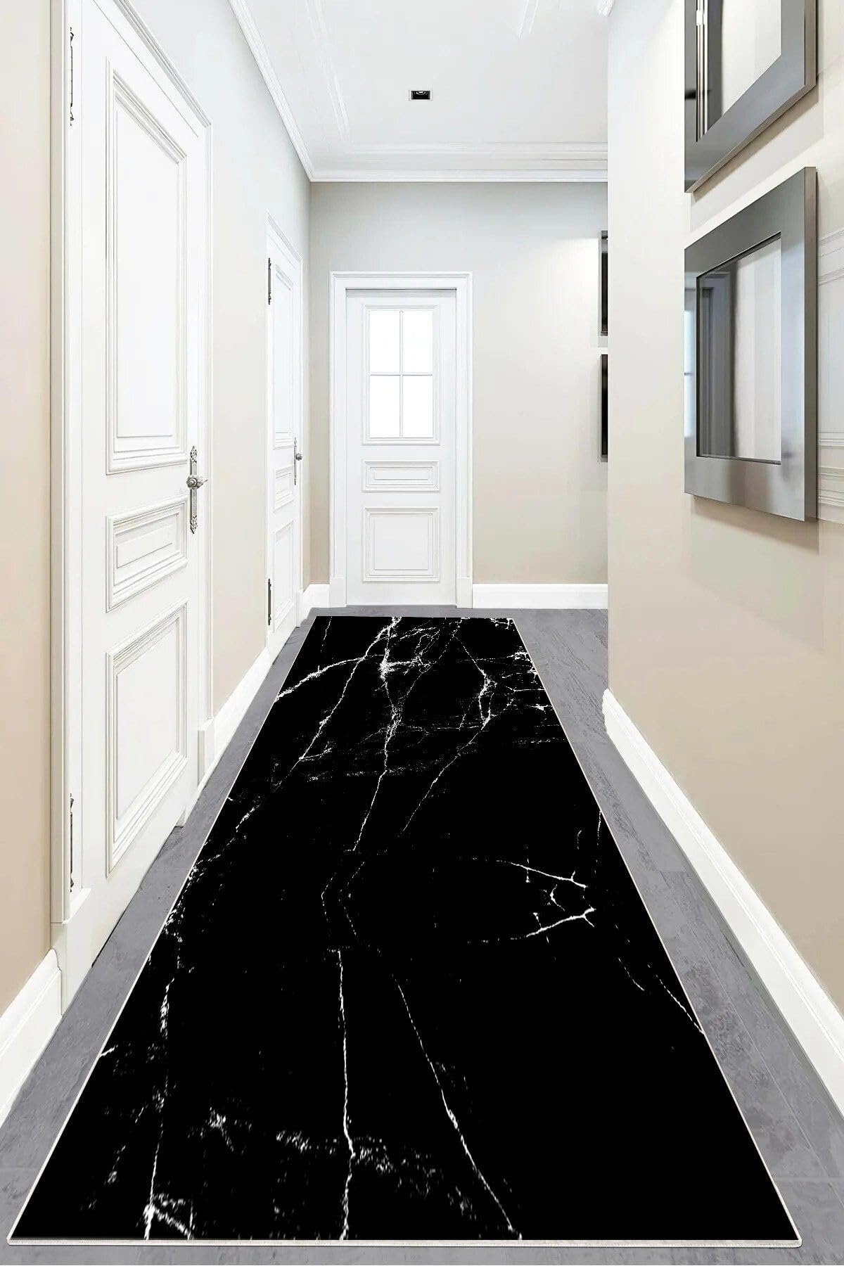 Pelangi Mermer Desenli Dijital Baskı Yıkanabilir Kaymaz Taban Modern Salon Halısı ve Yolluk, Siyah 80 x 600, 9554221806007