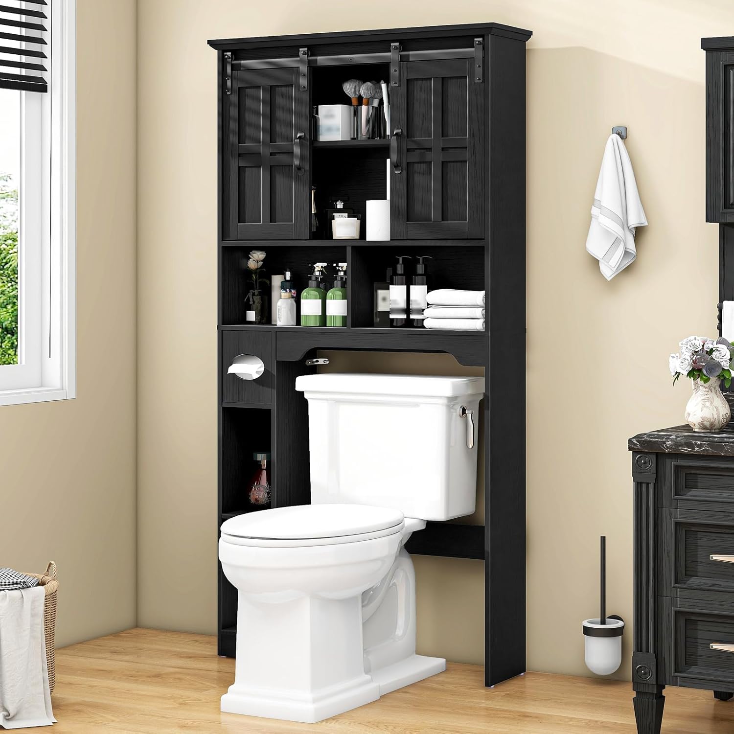 Vabches Farmhouse Over The Toilet Cabinet with Sliding Doors, Home Space-Saving Toilet Rack with Toilet Paper Holder Stand and Open Storage Shelf, for Restroom, Bathroom, Laundry.Pure Black