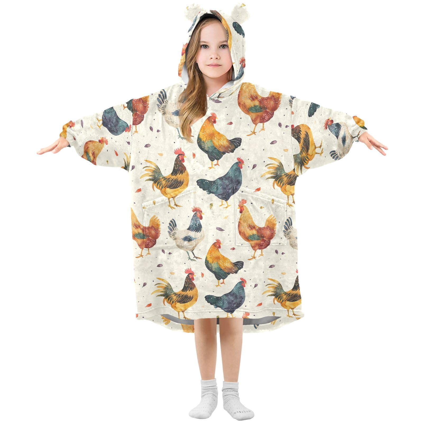 CHIFIGNO Watercolor Chickens Blanket Jumper Hoodie Wearable Blanket, Oversized Hoodie for Kids, Gift for Kids
