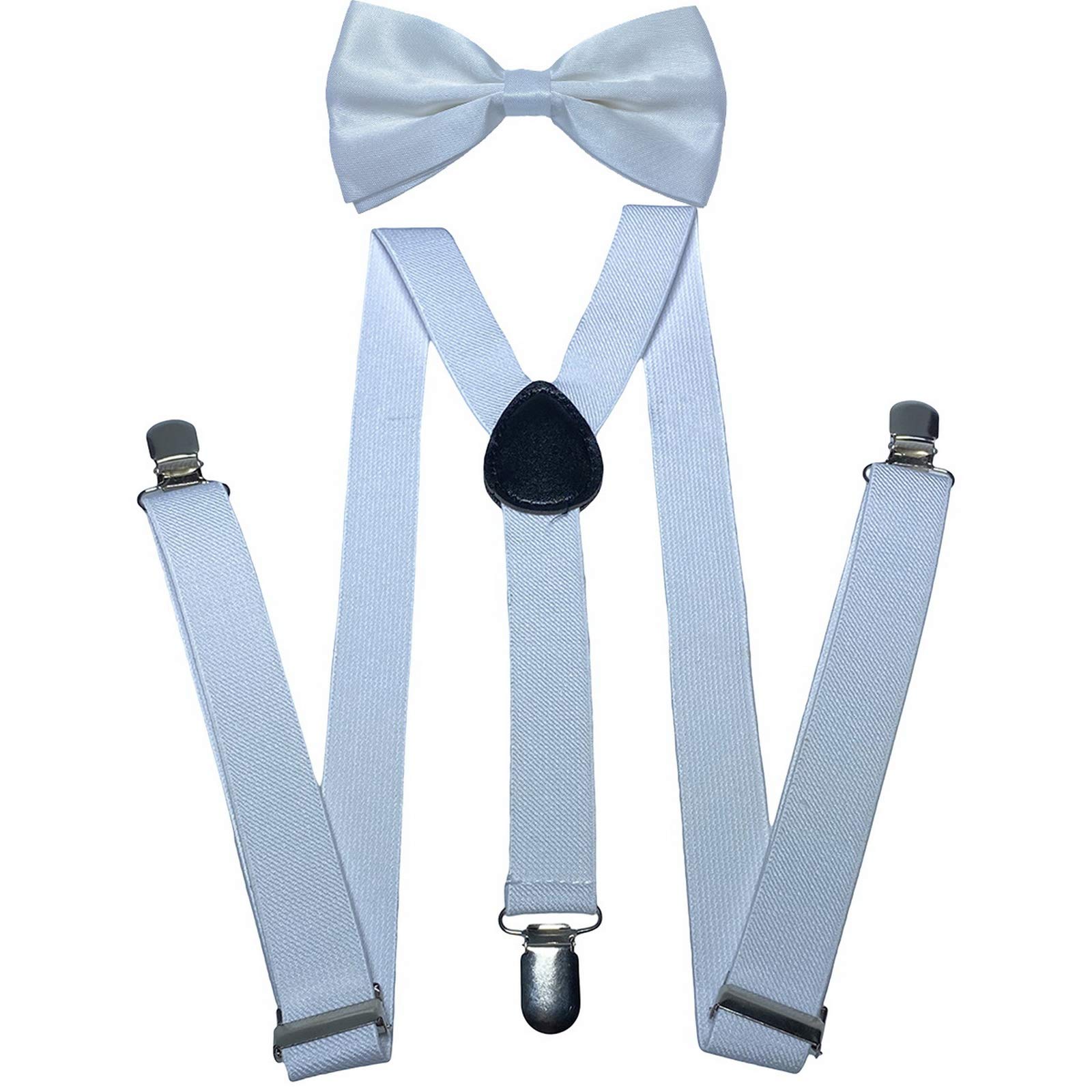 Herren Jungen Casual formelle passende Y Rücken 3 Clips Hosenträger & vorgebundene Fliege Combo Sets Gr. Einheitsgröße, weiß