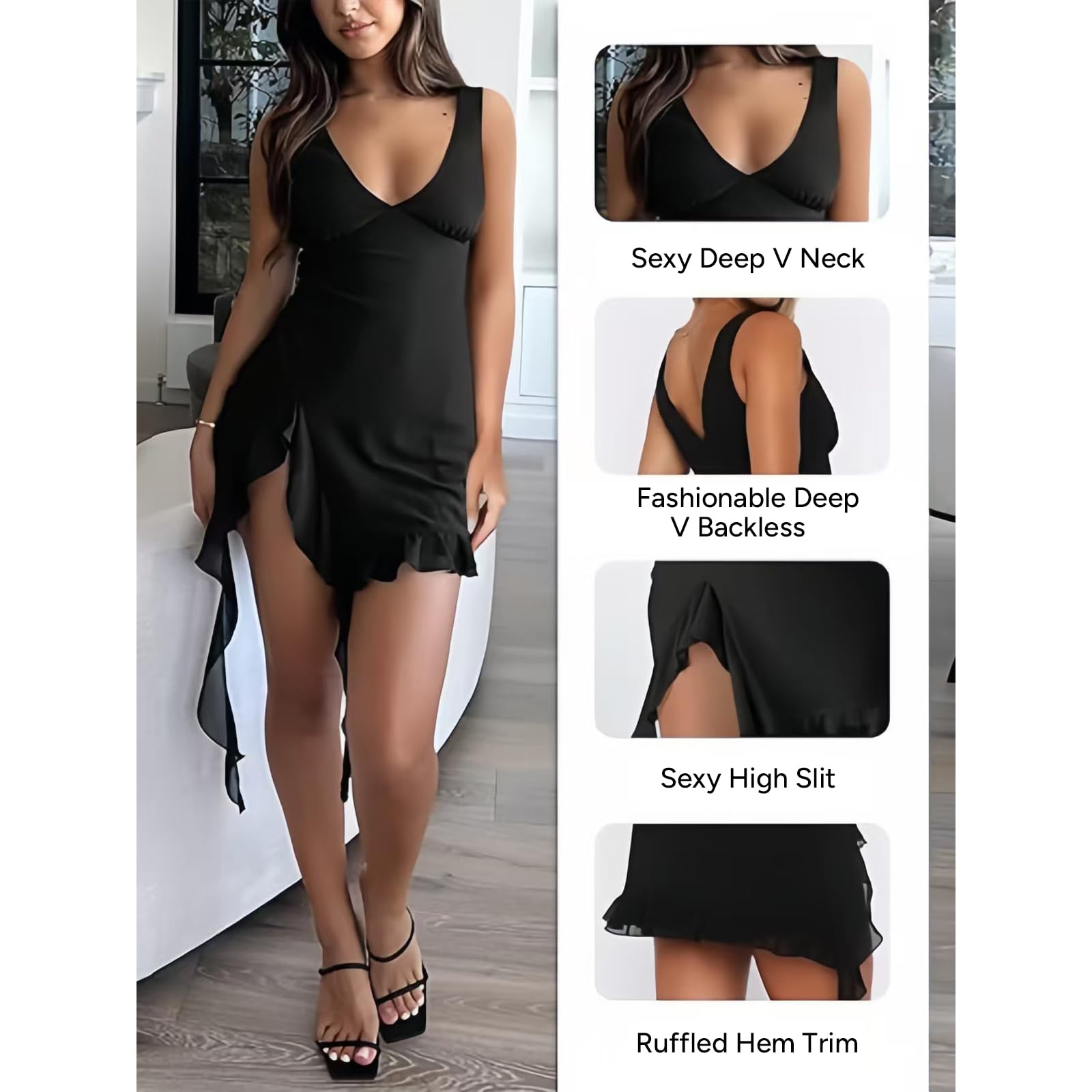 Vestito Sexy Donna Senza Maniche Scollo a V Mini Abito Elegante Irregolare Orlo con Volant Vestiti Corto con Spacco Estivo Bodycon Schiena Scoperta Vestiti da Sera per Party Club Cocktail Discoteca