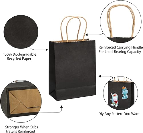 Miniatura 3 de Paquete de 100 bolsas de regalo negras de 10.5 x 8.5 x 4.5 pulgadas, bolsas de papel con asas, bolsas de papel, bolsa de regalo de cumpleaños,