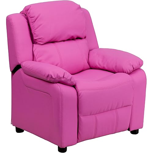 Flash Furniture Charlie Vinyl Kids Recliner with Flip-Up Storage Arms and Safety Recline, Contemporary Reclining Chair for Kids, Supports up to 90 lbs., Hot Pink
