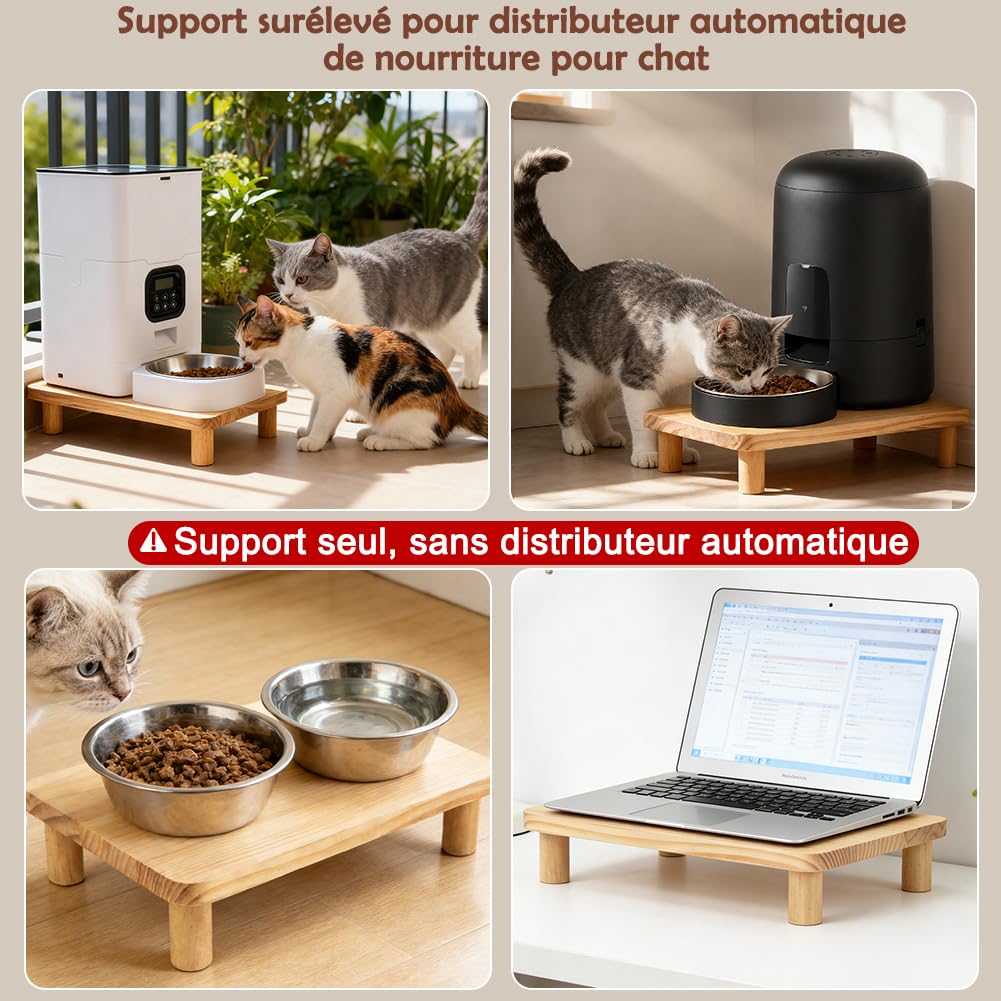 SZEE Support Surélevé en Bois Massif pour Distributeur Croquettes Chat Automatique, Ergonomique Réduisant la Pression sur la Colonne Vertébrale, Support pour Gamelle Chat Automatique, 34,3×20×6,1 CM