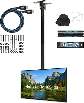 Cheetah Ceiling TV Mount for 37-86 Inch TVs, Extra Long Extension up to 114" 9.5 FT Max 165lb, VESA 600 Support Newer Displays to 100", Mounts Flat, Vaulted or in-Ceiling, 360 Swivel 15 Degree Tilt