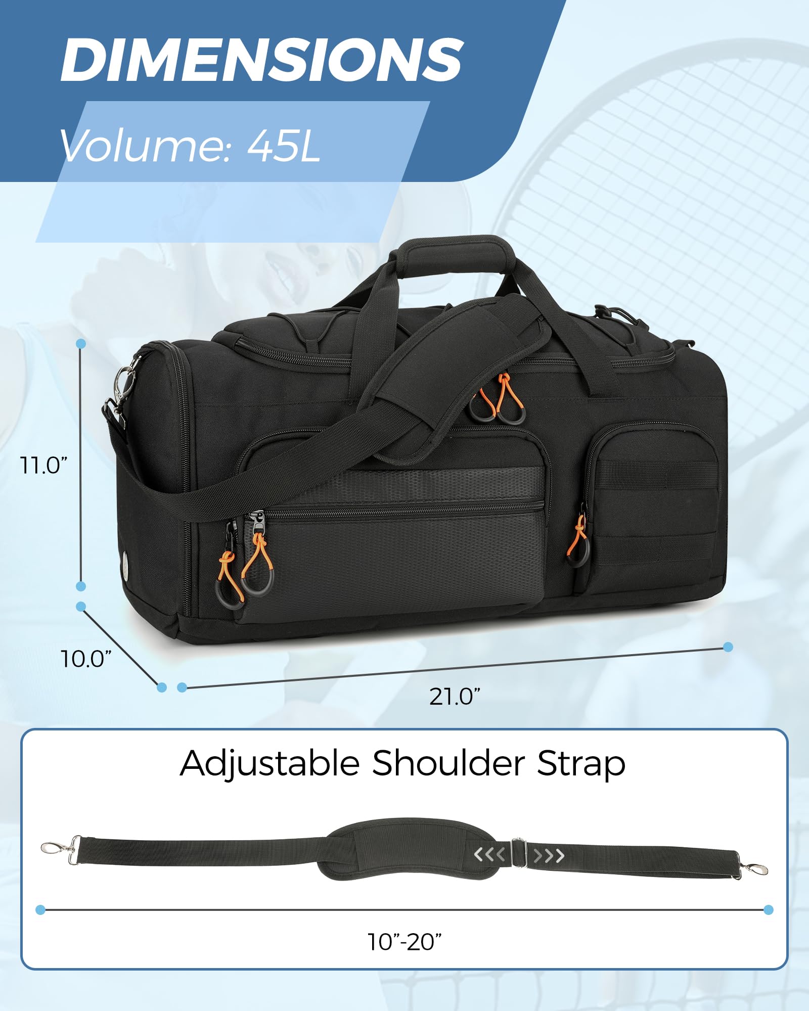 Searock 45L Turnbeutel für Herren, 3-in-1 Seesack Rucksack für Reisen, Sport-Seesack für Fitnessstudio, Wochenend-Übernachtungstasche mit Schuhfach, Nassfach, Schwarz, 22 inch, Fitnessstudio
