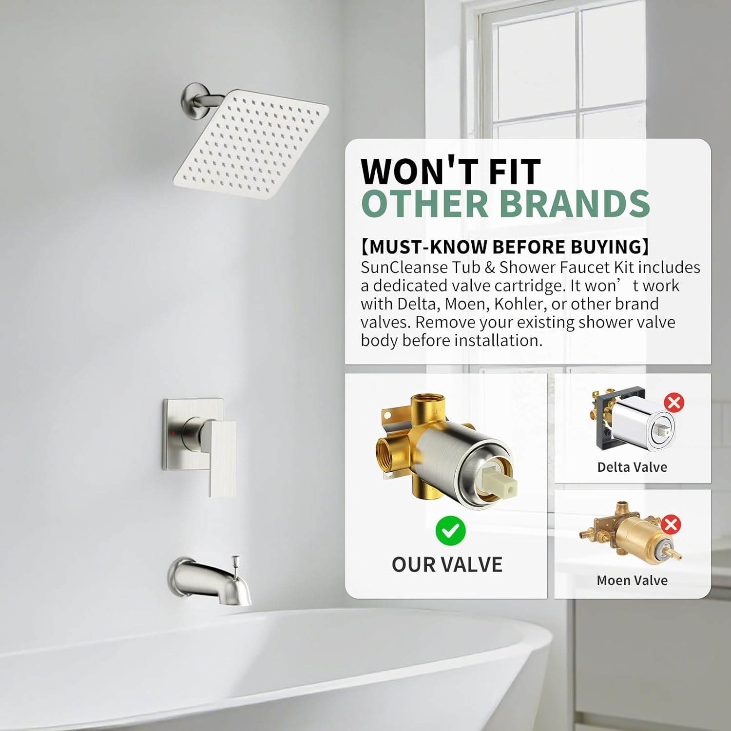 SunCleanse Tub Shower Faucet Set with Pressure Balance Valve, 8-Inch Rain Shower Head and Tub Spout, Single-Handle Shower Trim Kit, Shower Head and Handle Set for Bathroom, Brushed Nickel