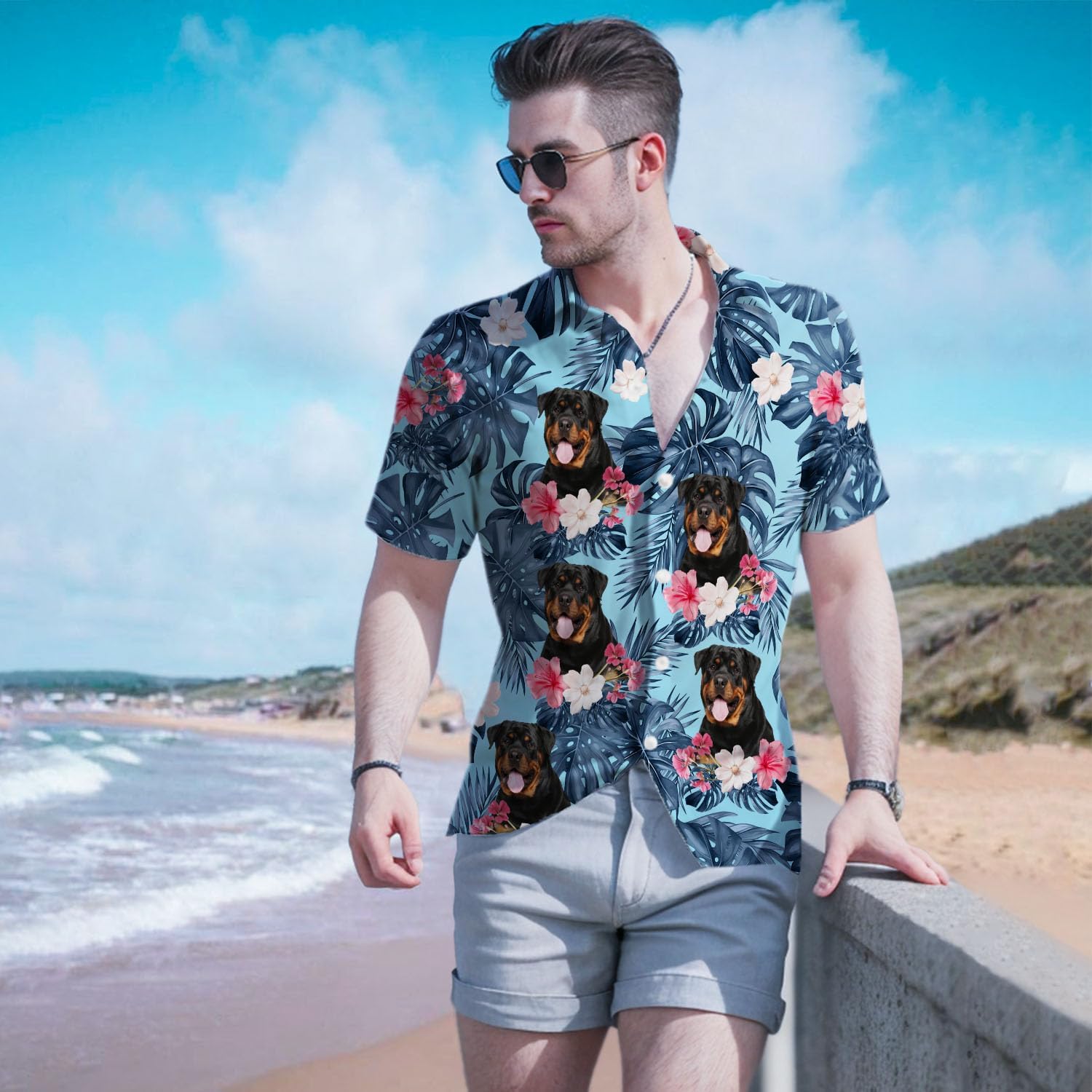 Rottweiler Hawaiian Shirts for Men,Button Down Beach Casual Shirtss