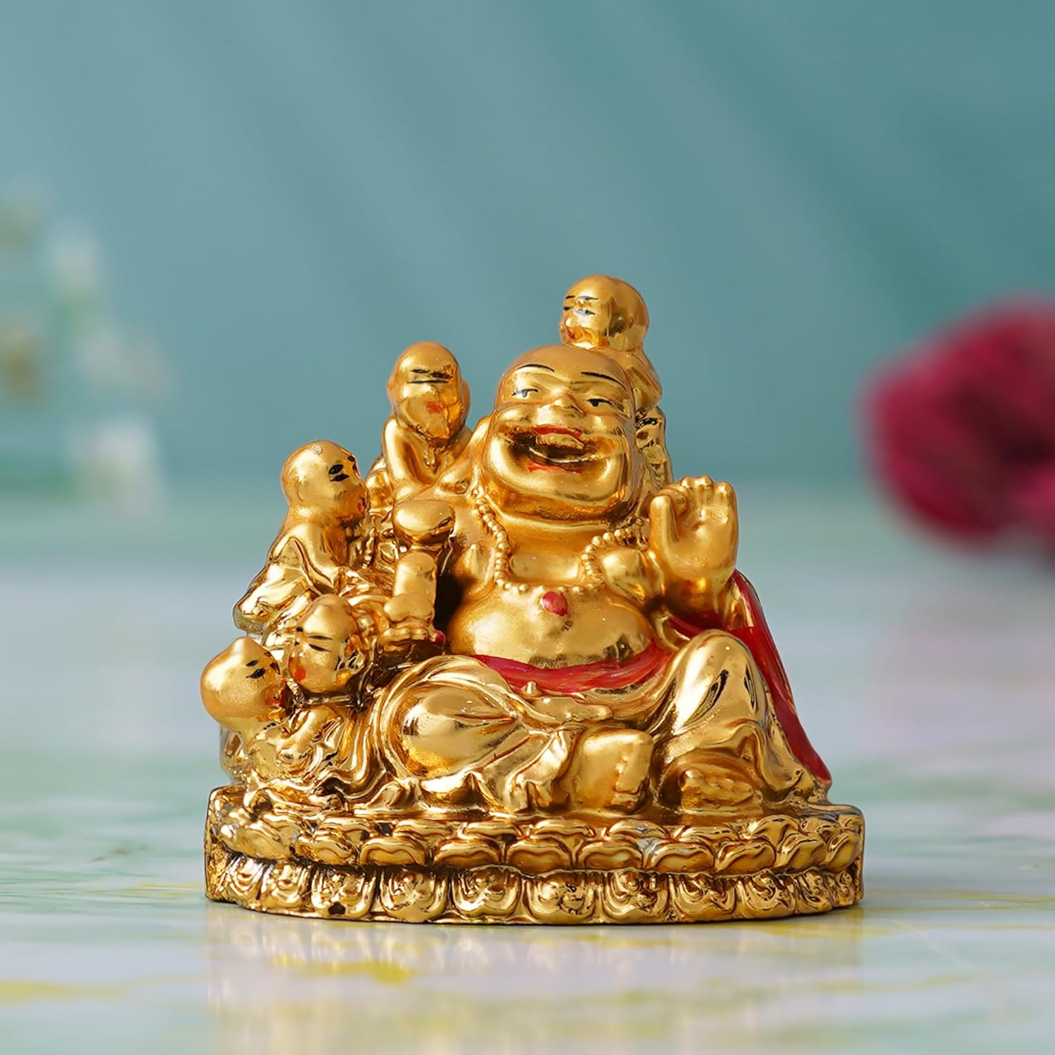 eCraftIndia Resin Feng Shui Laughing Buddha Statue with 5 Children Showpiece for Home Decor Living Room Office | Laughing Buddha for Good Luck | Gift for Diwali Birthday Housewarming Buddha Purnima