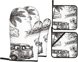 Surfing Sport and Lifestyle Wave Surfboard Beach and Van Sketch Oven Gloves and Pot Handle Cover, 4-Piece Set of Kitchen Baking Accessories, Suitable for Grilling and Baking