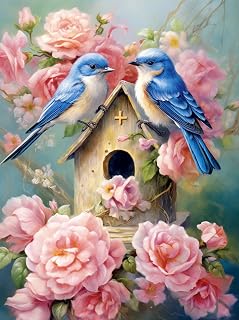 DIY 5D Diamond Art Painting Kits Blue Robin Birds with House Full Drill Round Diamond Art Paint by Number Kits for Beginner Embroidery Cross Stitch for Wall Decoration(30x40cm)