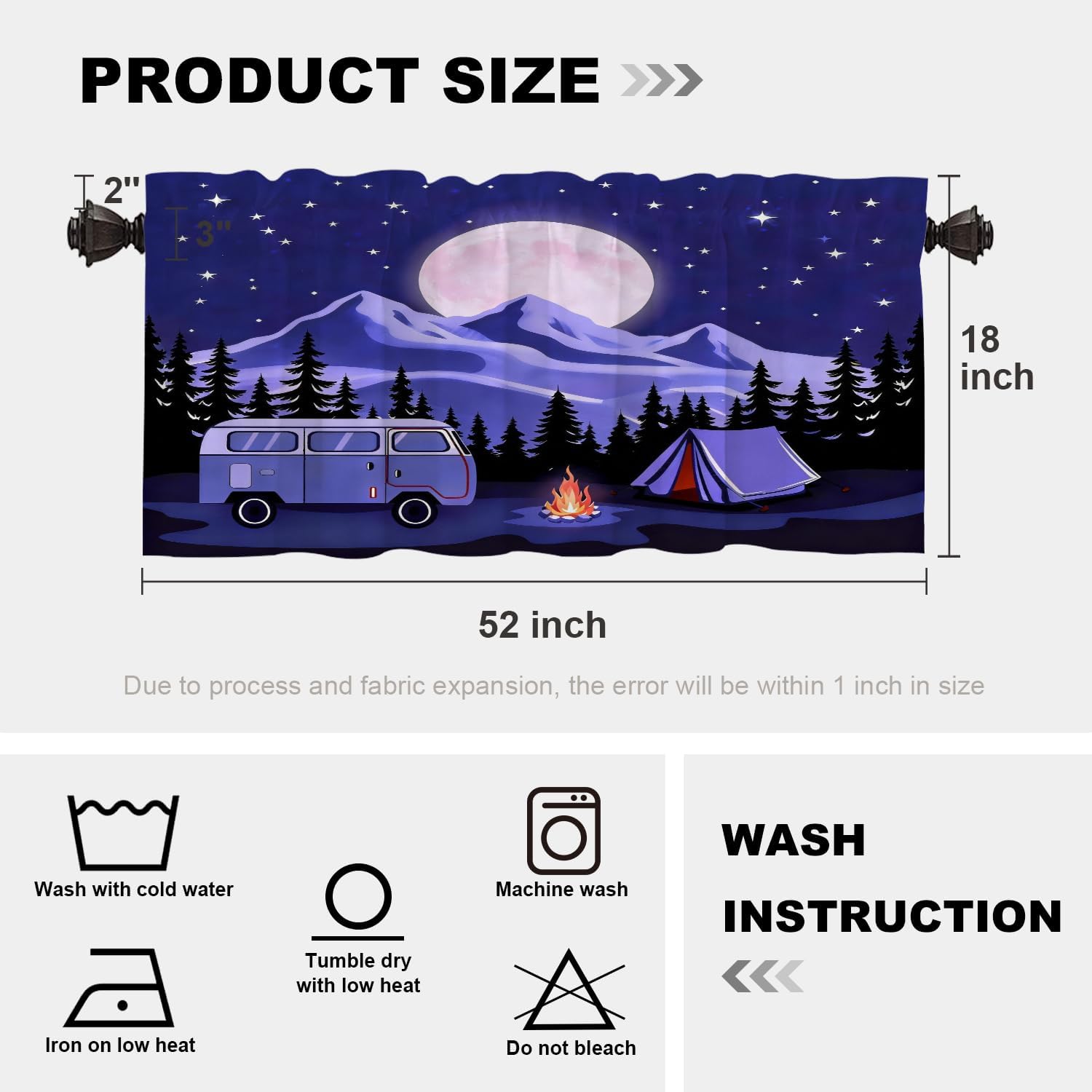 Batmerry Adventure Camping Kitchen Valances Half Window Curtain, Rv and Camping Camper Van Kitchen Valances for Windows Bedroom Heat Insulated Valance for Decor Reducing The Light 52x18 Inch